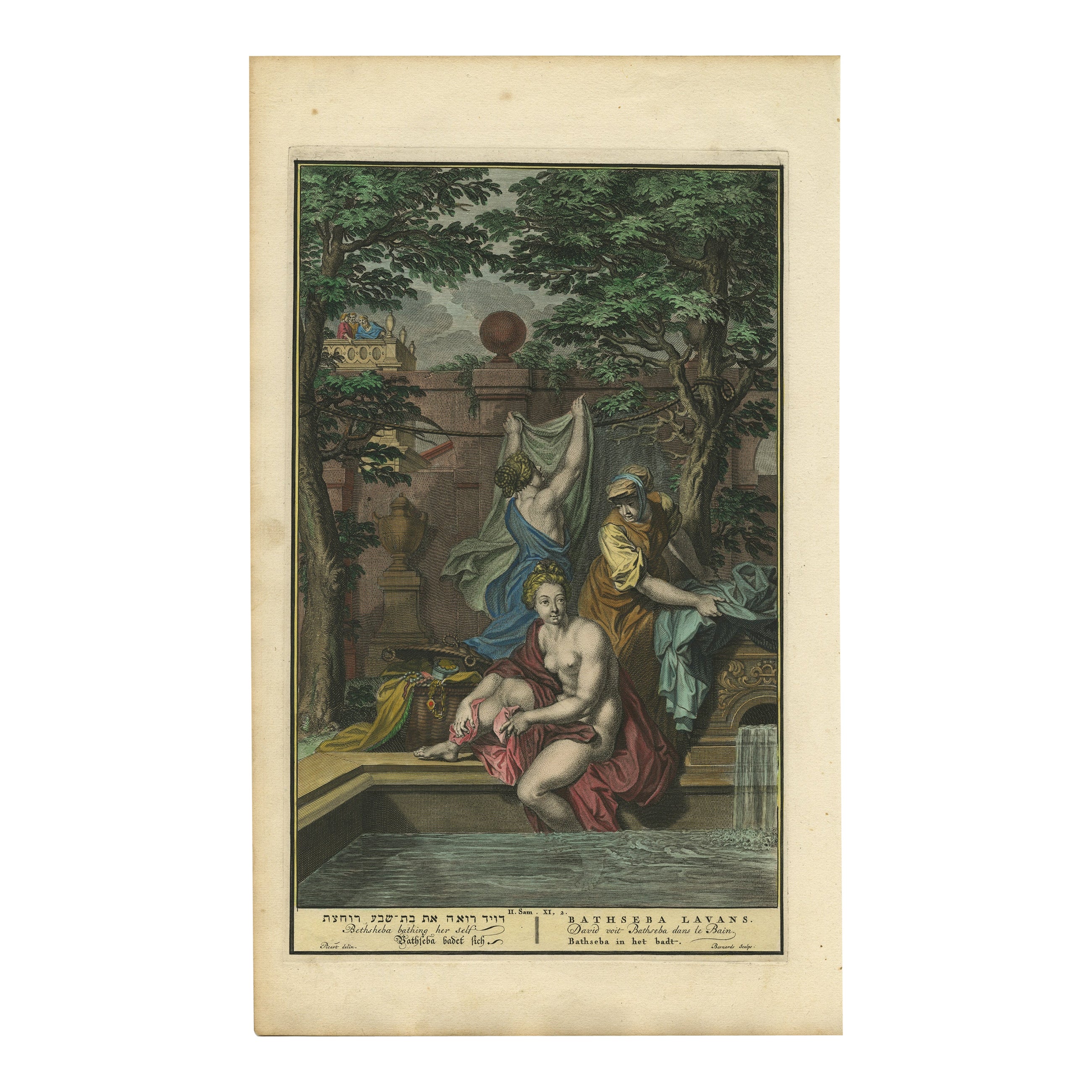 Bethsabée dans le bain - Scène de l'Ancien Testament, Gravure ancienne c.1730 en vente