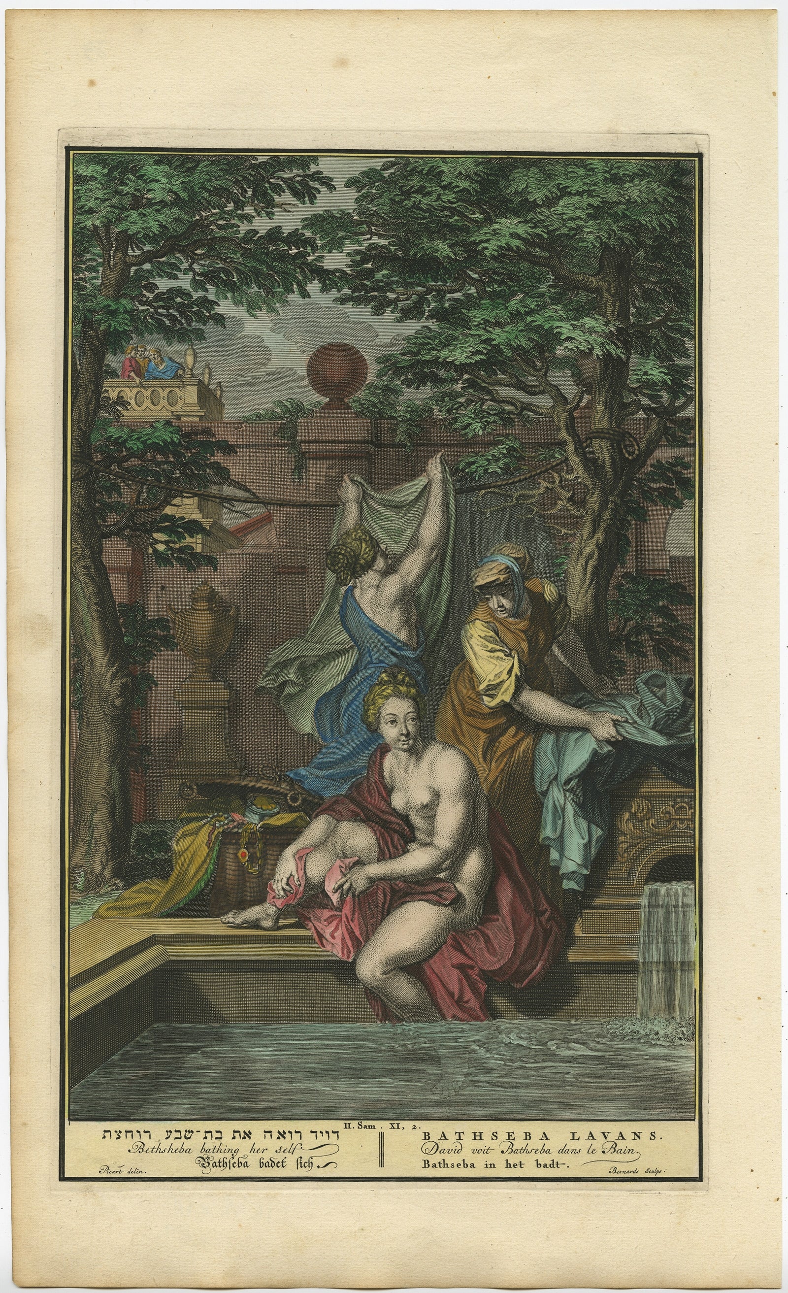 Bathsheba in the Bath – Old Testament Scene, Antique Engraving c.1730 For Sale