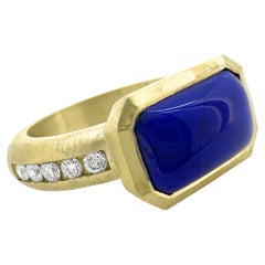 "Bathtub" Ring with Lapis & Diamonds in Satin-Finished 18K Karat Gold