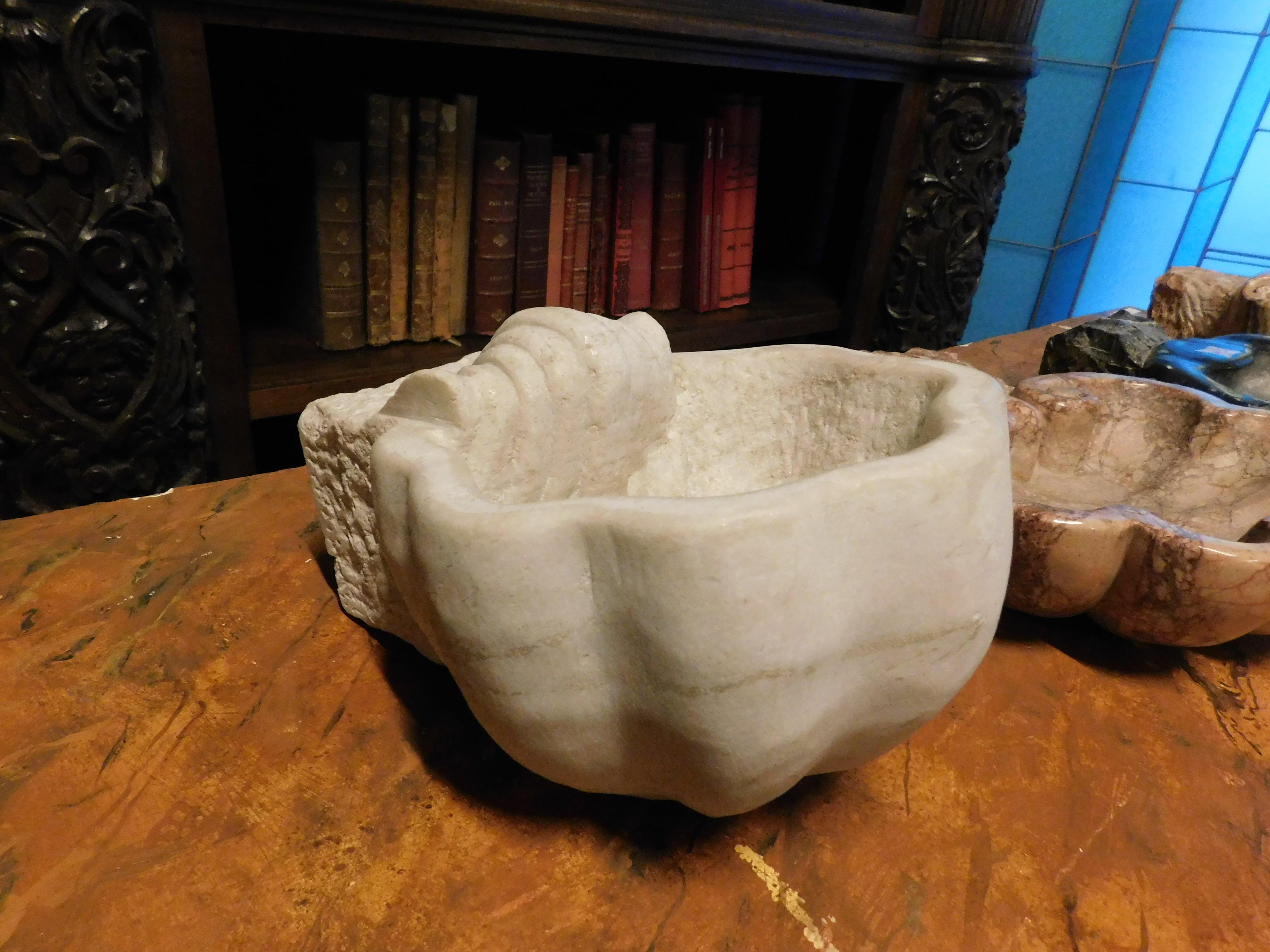 Hand-Carved bathtub, sink, stoup in white Carrara marble shell-shaped, Italy For Sale