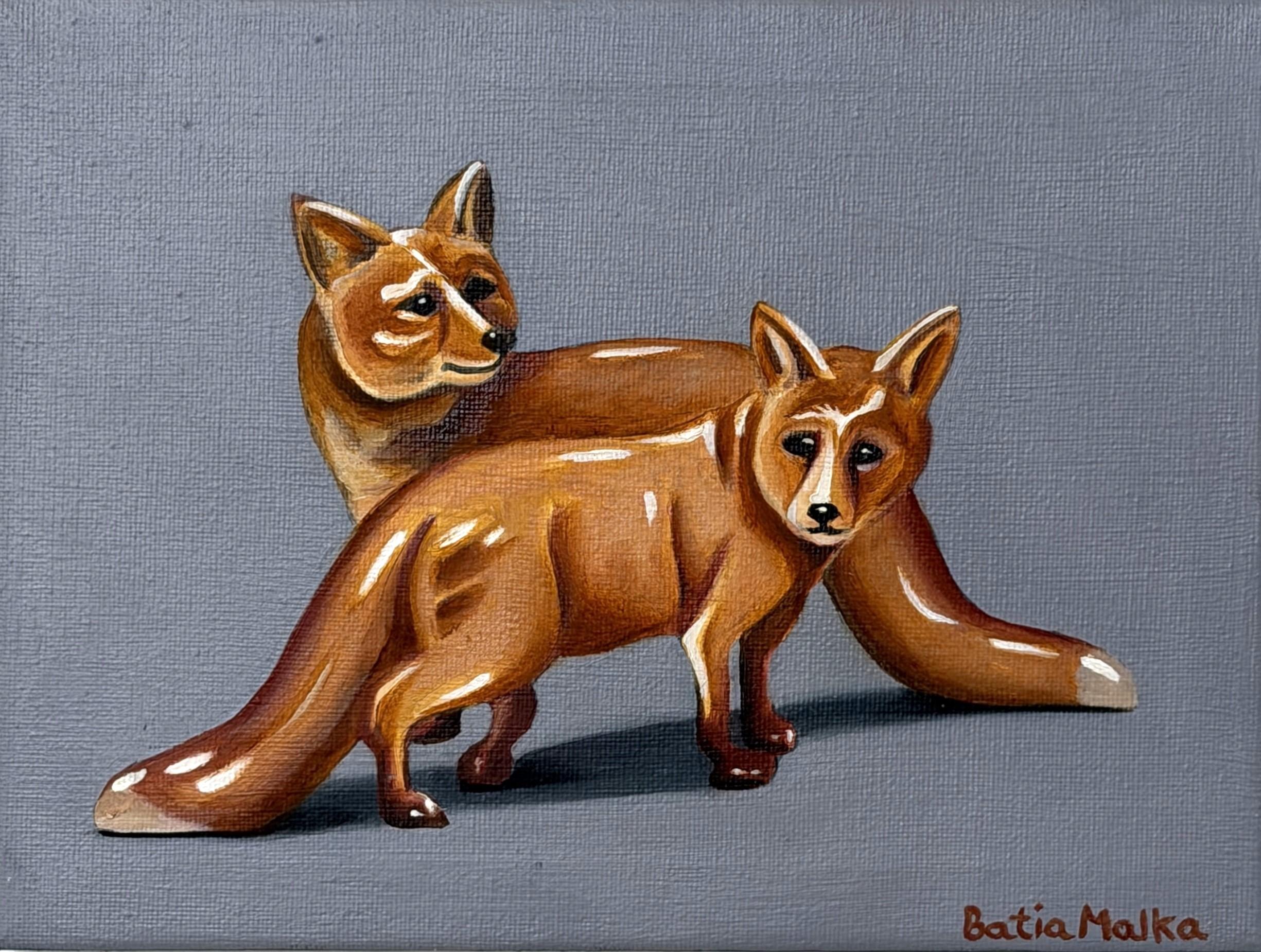 Batia Malka Animal Painting - Foxes Figurative Oil Painting, Expressive Palette, 18x25 cm, New