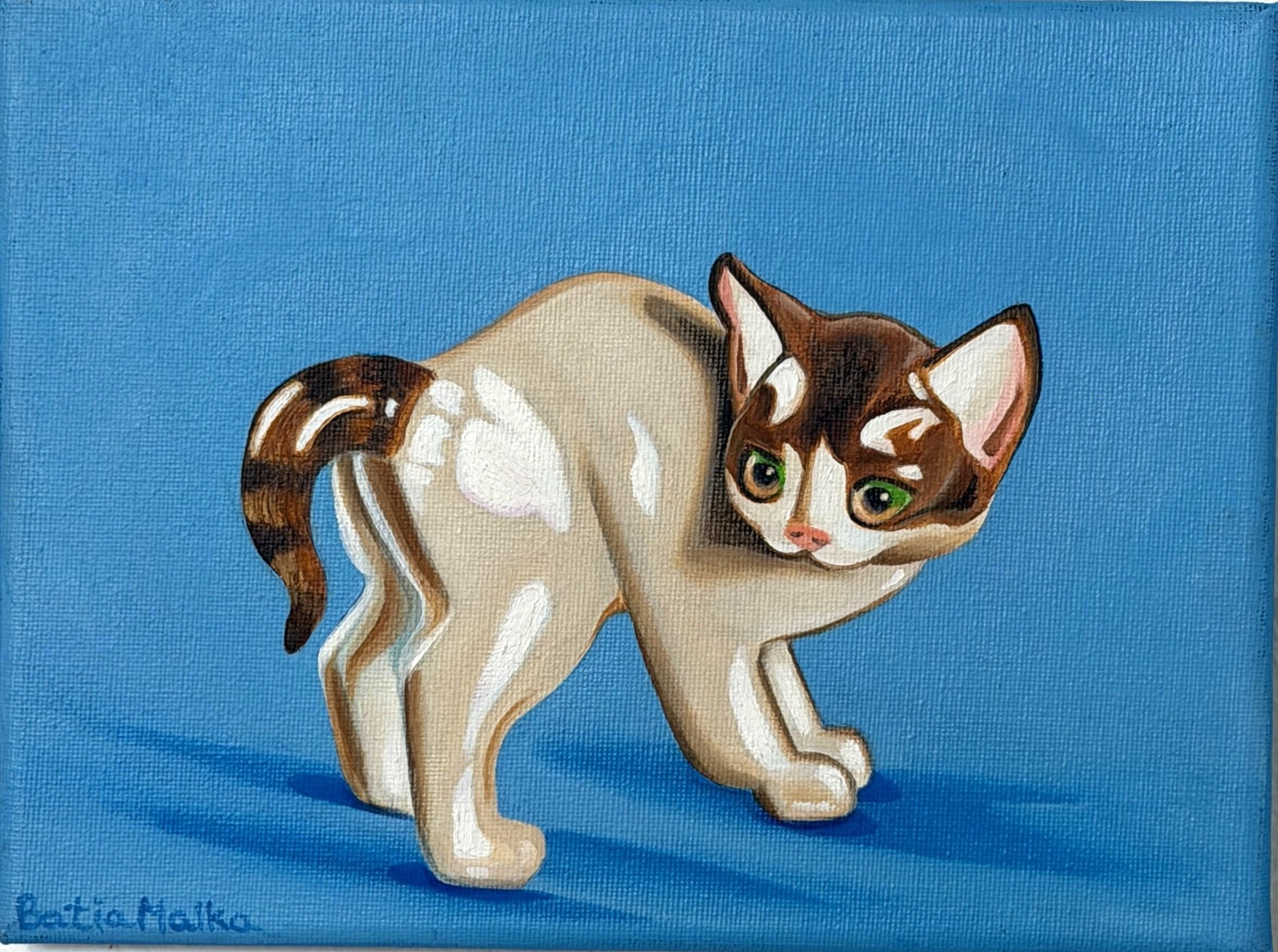 Porzellankätzchen Figurative Ölmalerei, Ausdrucksstarke Palette, 18x25 cm, Neu