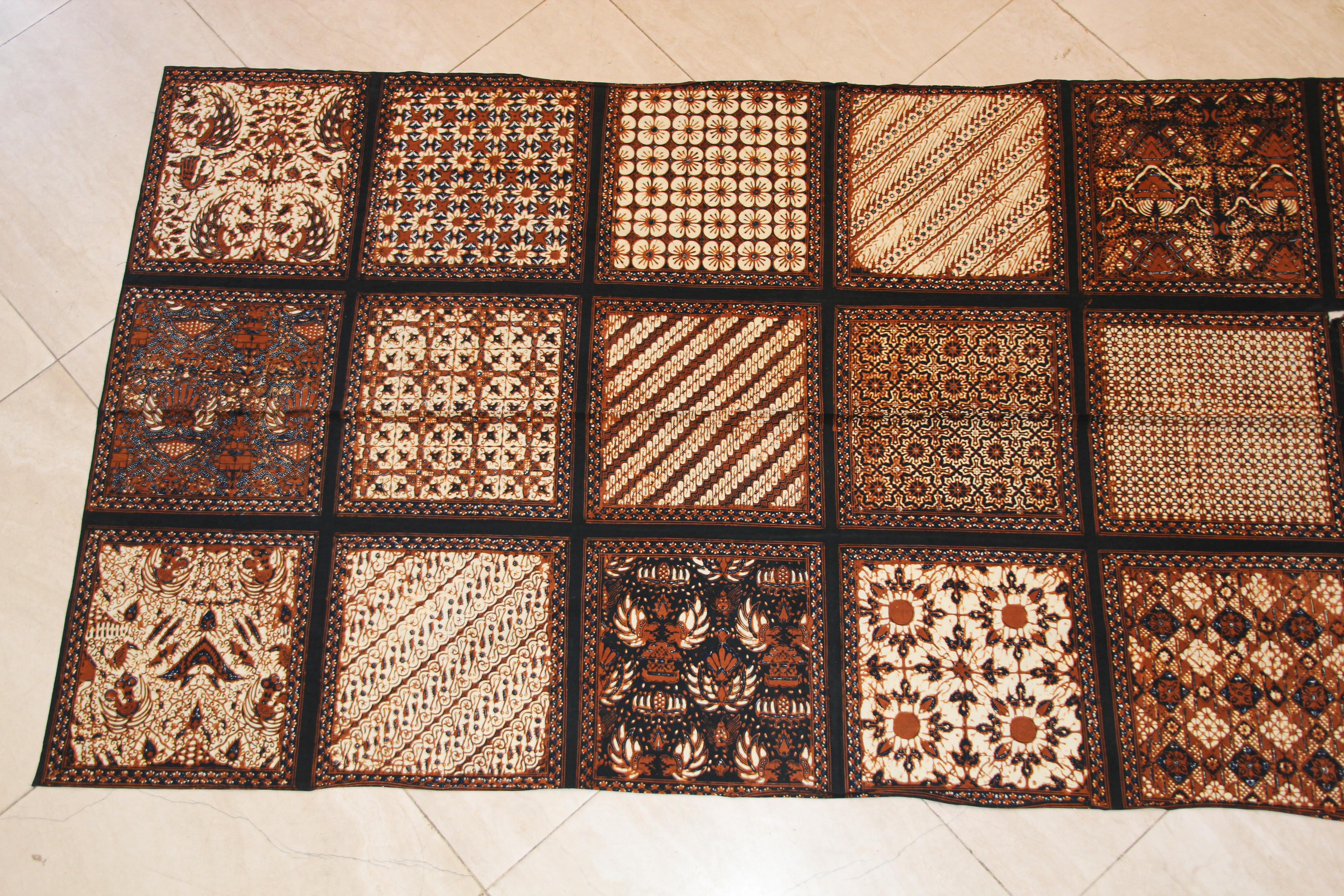 1960s Batik cotton print fabric in brown black and ivory colors textile panel - 
Rectangle wall hanging Rorschach Ink Blot.
This large rectangular textile is rust brown, black, and light beige batik print. 
The squares and rectangles have black