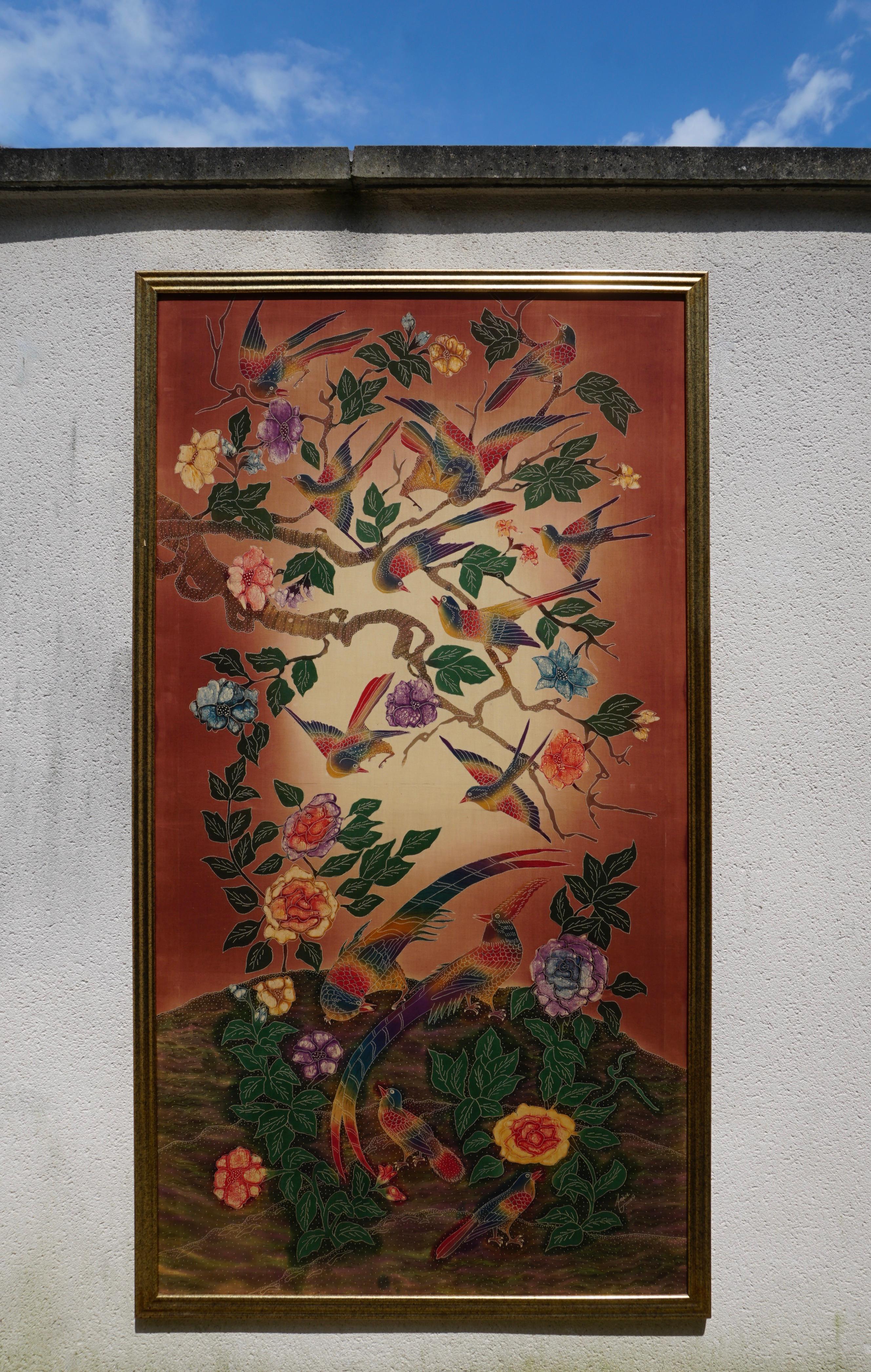 Batik Indonesian Textile with Birds and Flowers In Good Condition For Sale In Antwerp, BE