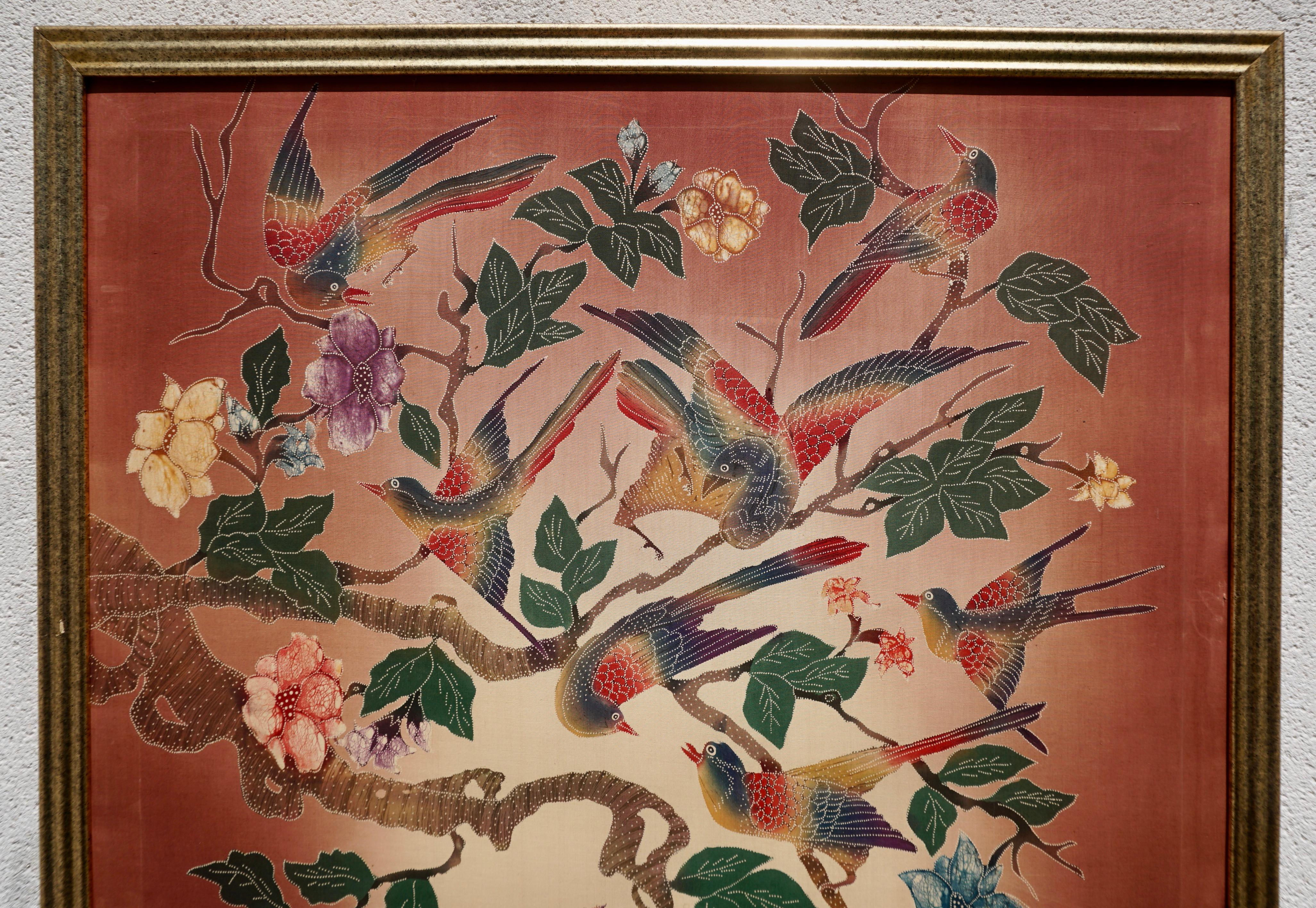 20th Century Batik Indonesian Textile with Birds and Flowers For Sale