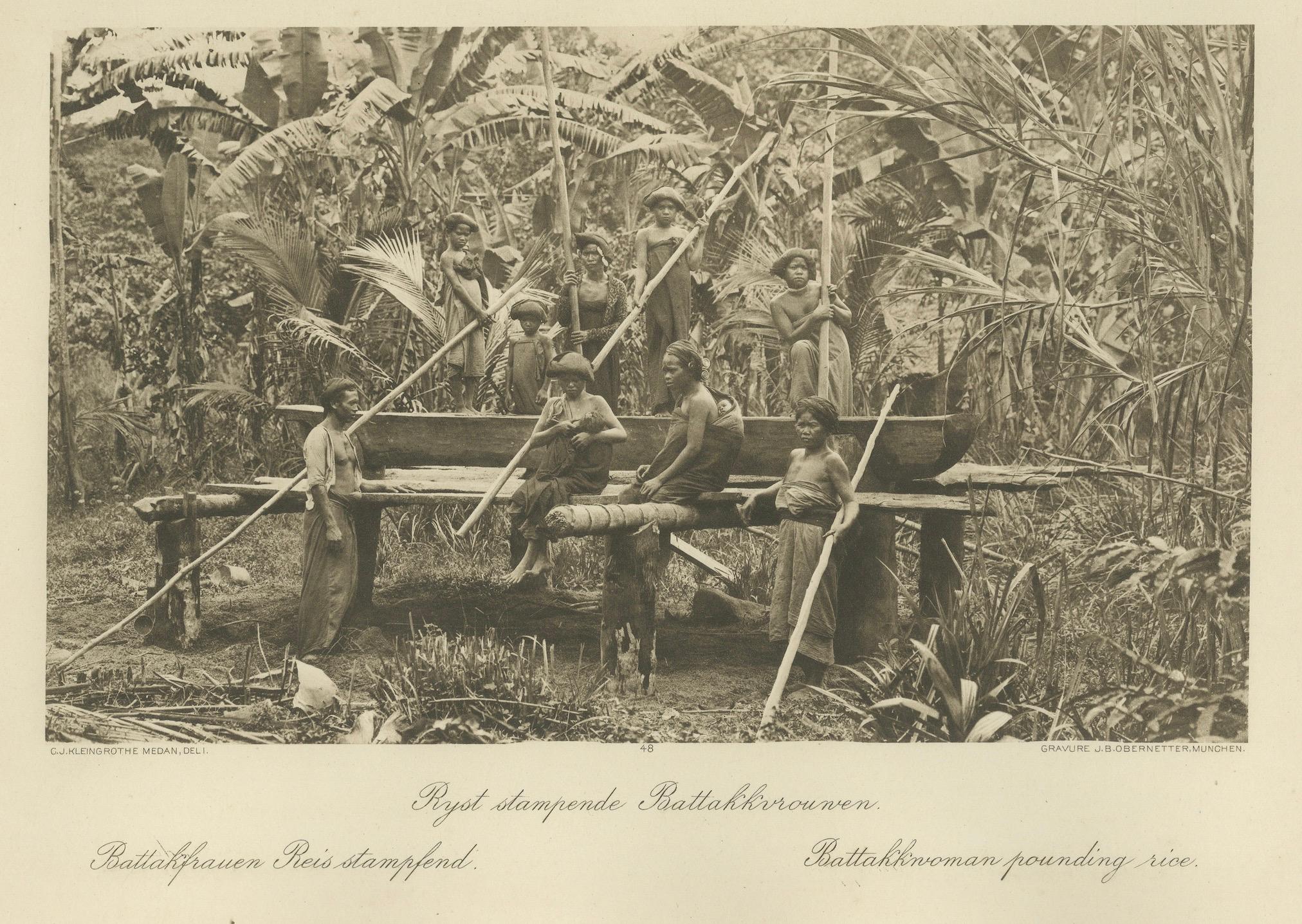 Batik, Reis sieben & Frauen bei der Arbeit - Antike Photogravüre von Batak People 1900 (Papier) im Angebot