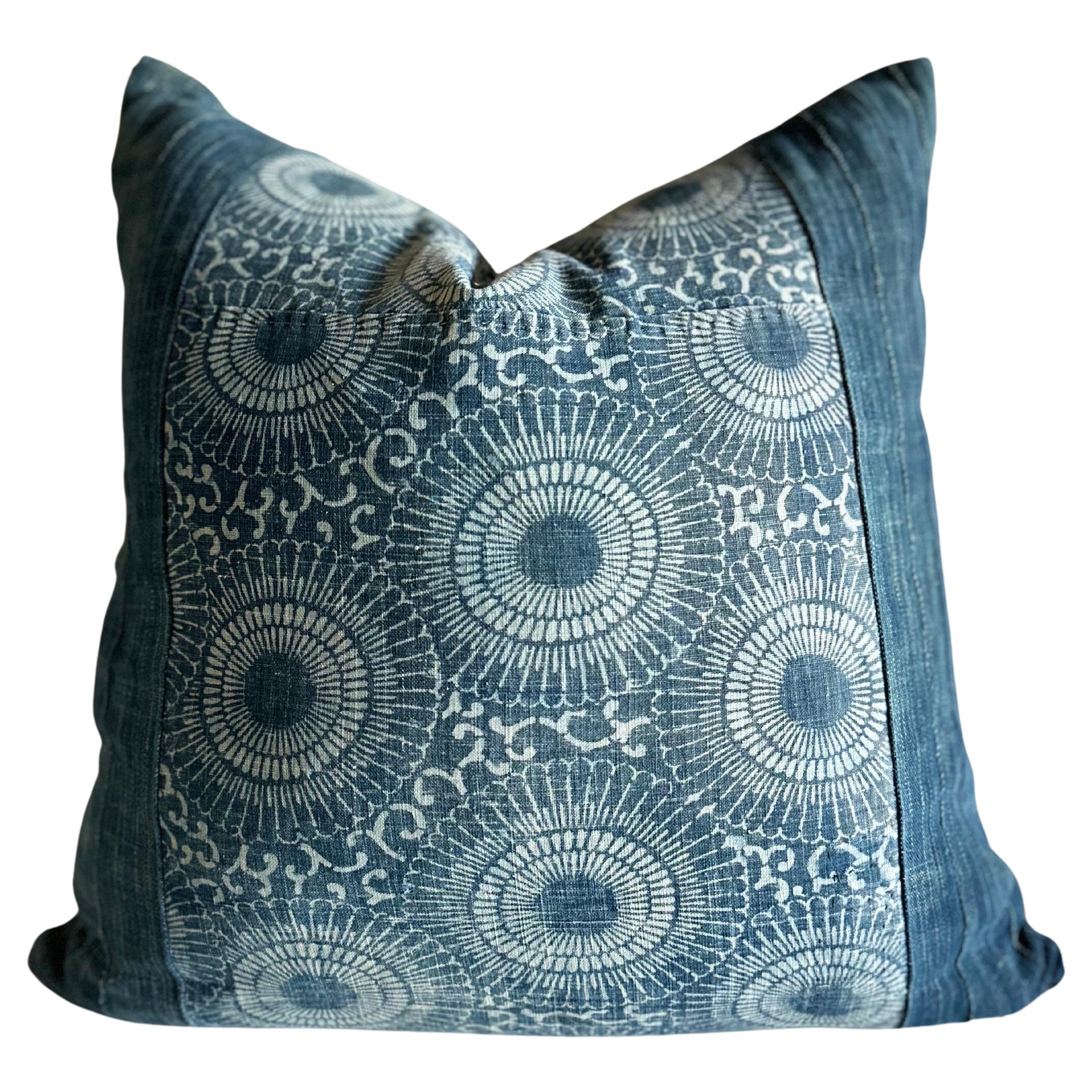 Batik Style Vintage Blue and Gray Floral Pattern Pillow