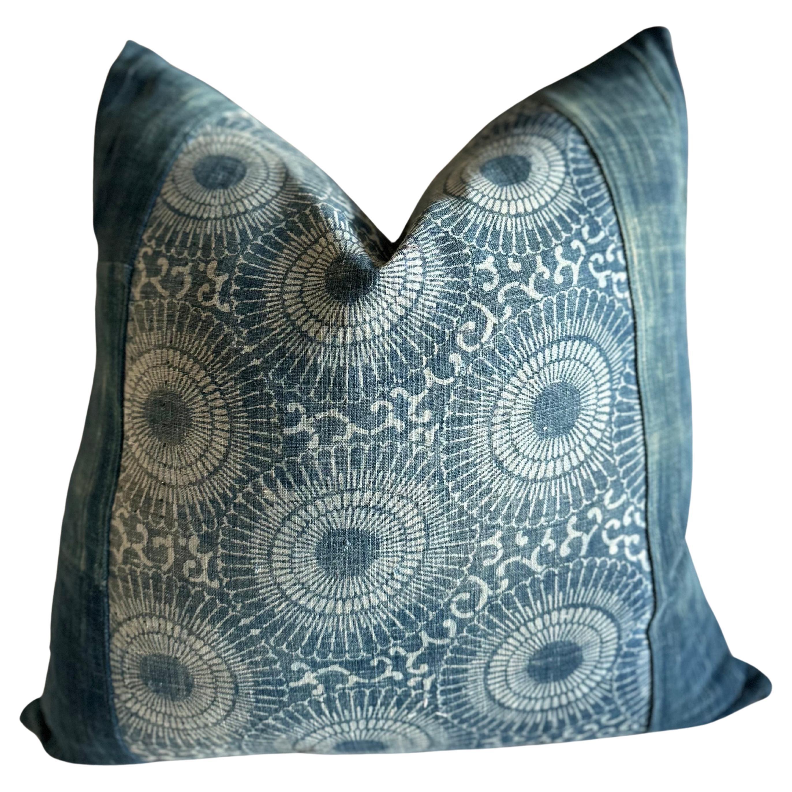 Batik Style Vintage Blue and Gray Floral Pattern Pillow For Sale