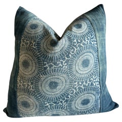 Batik Style Vintage Blue and Gray Floral Pattern Pillow
