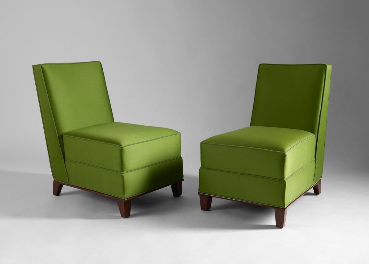 Upholstery Batistin Spade, Pair of Green Art Deco Slipper Chairs, France, circa 1946