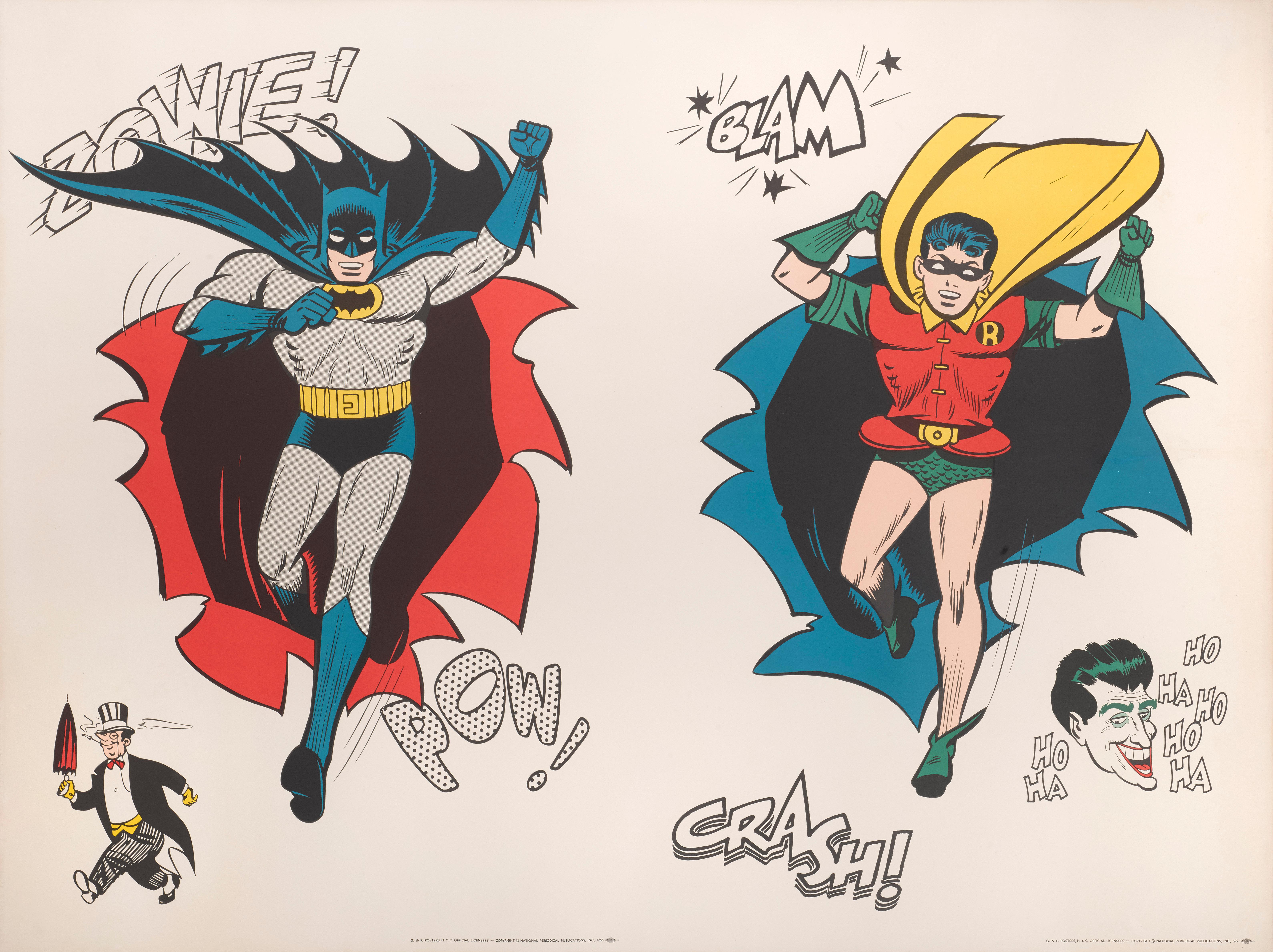 Très rare affiche originale américaine conçue pour faire la publicité de DC Comics, mettant en scène Batman et Robin imprimés sur une seule feuille. Il a été conçu pour être coupé en deux et collé sur des panneaux d'affichage. Cet exemplaire n'est
