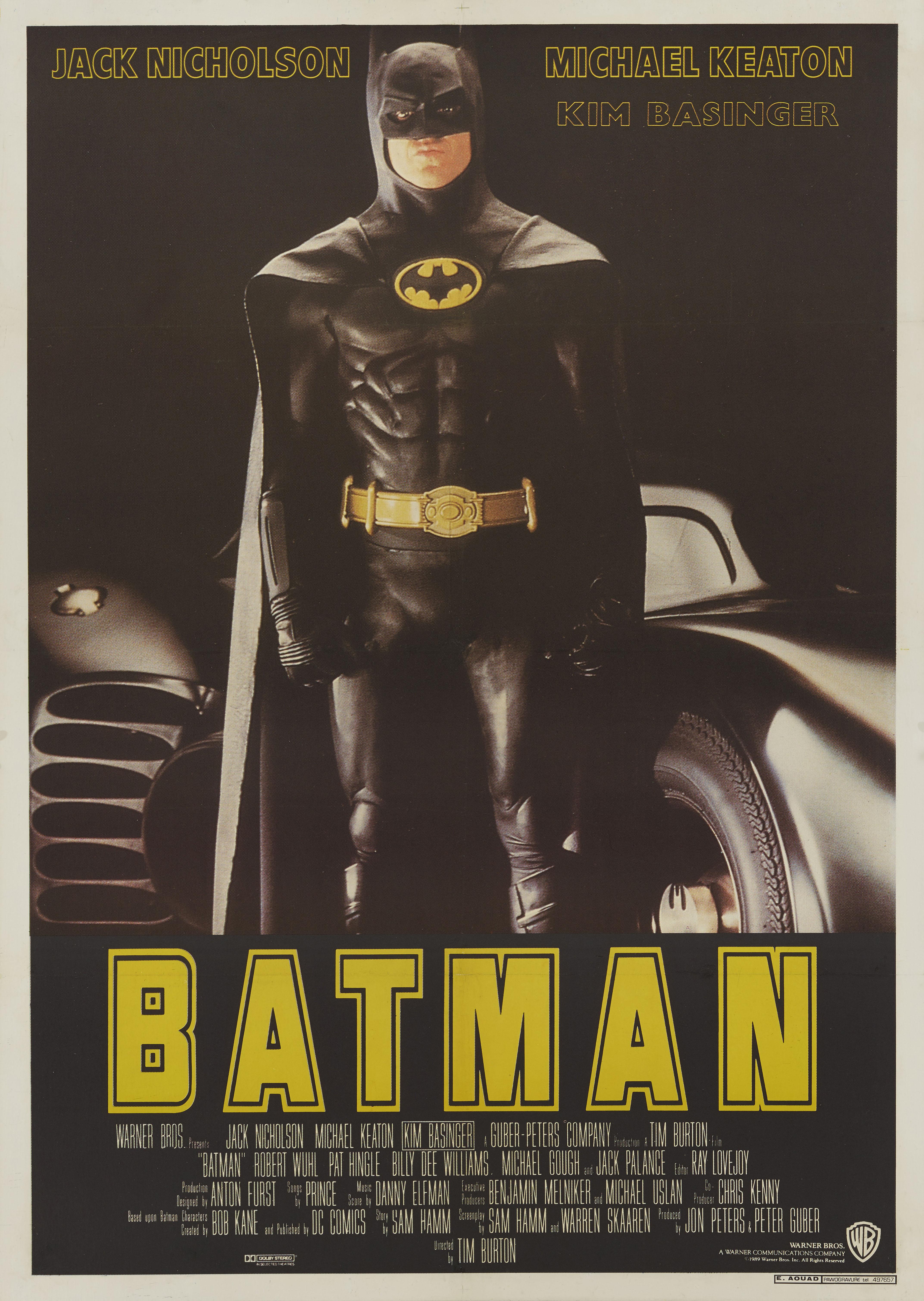 Original libanesisches Filmplakat für Tim Burtons Batman von 1989 mit Jack Nicholson, Michael Keaton und Kim Basinger in den Hauptrollen. Das Artwork dieses Posters unterscheidet sich stark von dem des US-Posters, das nur das Bat-Logo zeigt.
Dieses