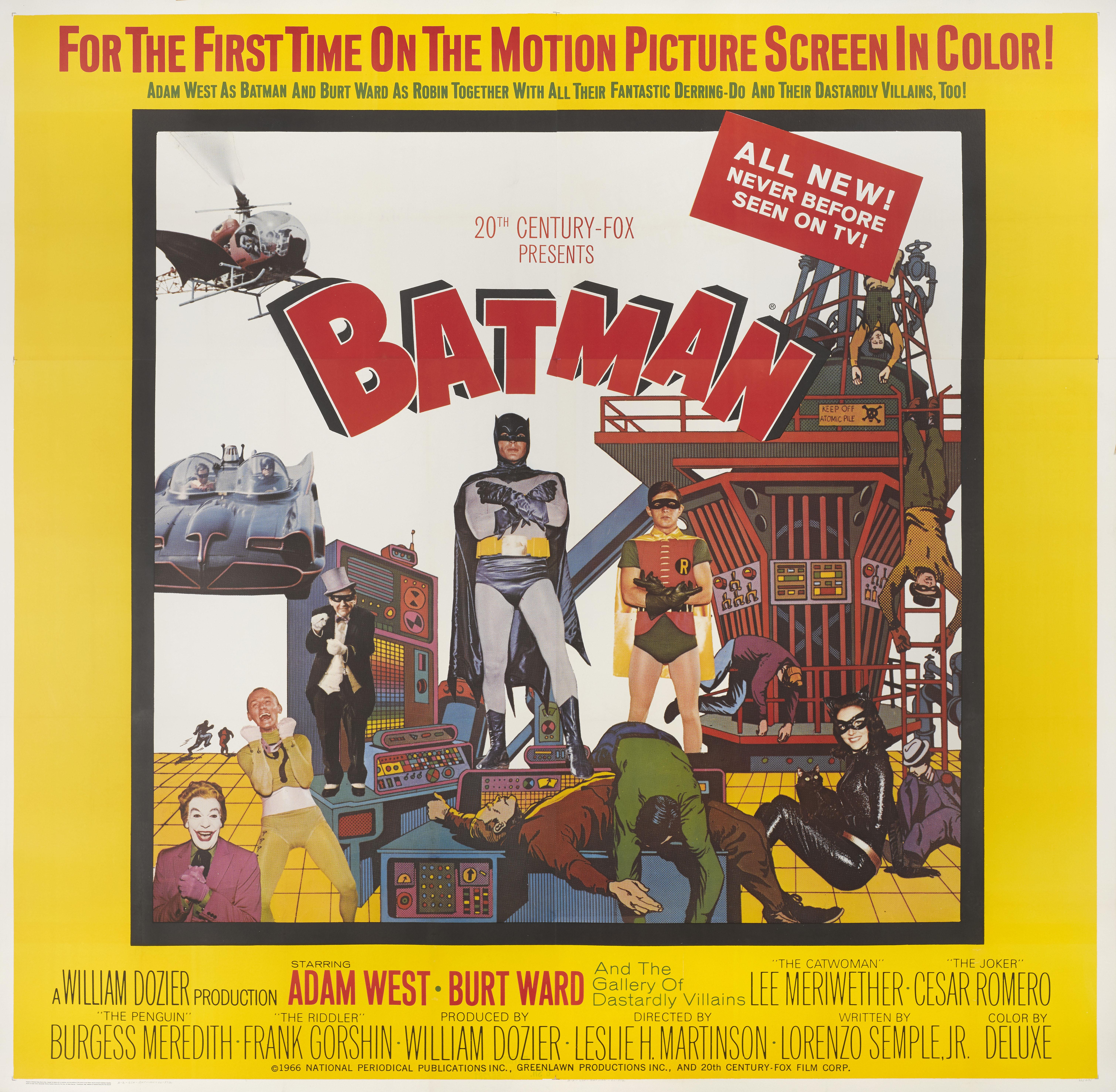 Très rare affiche originale du film Batman 1966 de Leslie Martinson.
Cette très grande affiche a été imprimée en quatre feuilles et conçue pour être collée sur des panneaux d'affichage. Par conséquent, seuls des exemplaires inutilisés ont survécu,