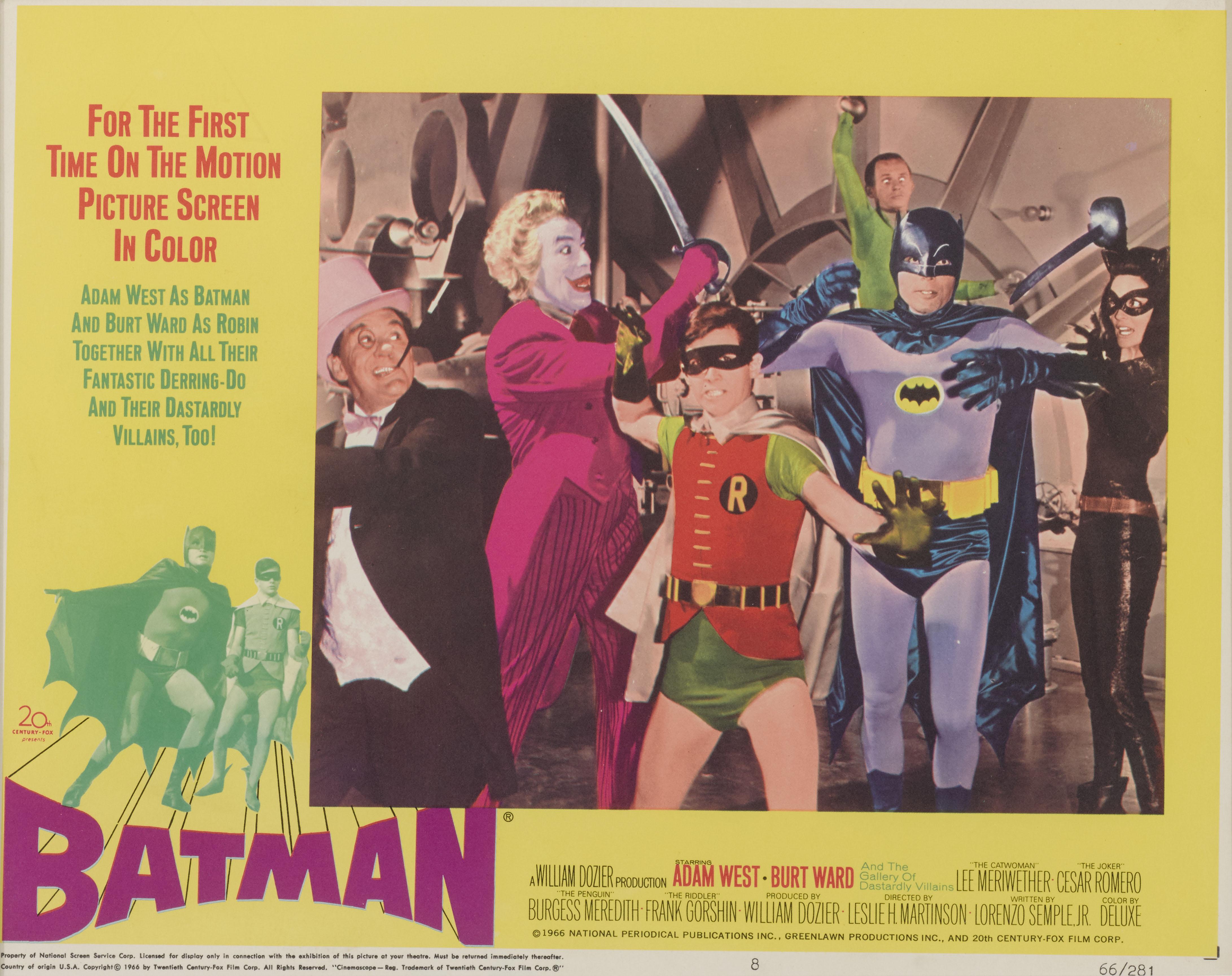 Lobby card originale americana per il film Batman del 1966.
Questo film ha come protagonisti Adam West e Burt Ward nei panni di Batman e Robin ed è stato diretto da Leslie H. Martinson.

L'opera è incorniciata in modo conservativo con plexiglass UV