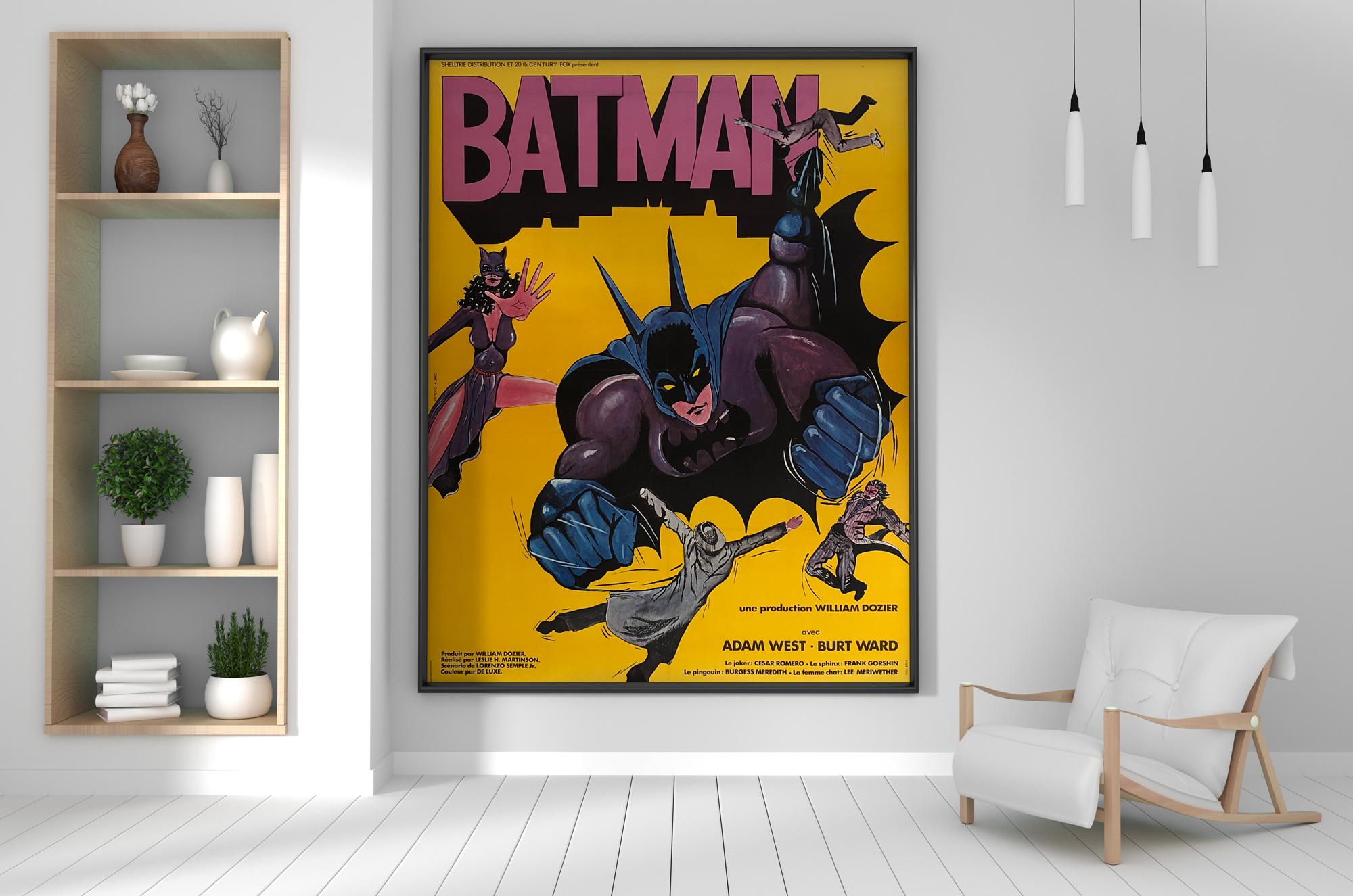 Fabulous original Batman re-release French film poster from early 1970s. Superb artwork and colors on a scale that packs a serious Kapow!

This original vintage move poster is sized 45 1/2 x 60 inches (48 x 63 1/2 inches including the