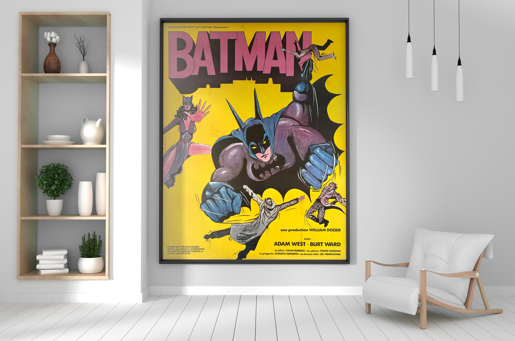 Fabulous original Batman re-release French film poster from early 1970s. Superb artwork and colors on a scale that packs a serious Kapow!

This original vintage move poster is sized 46 x 60 3/4 inches (48.5 x 64 inches including the