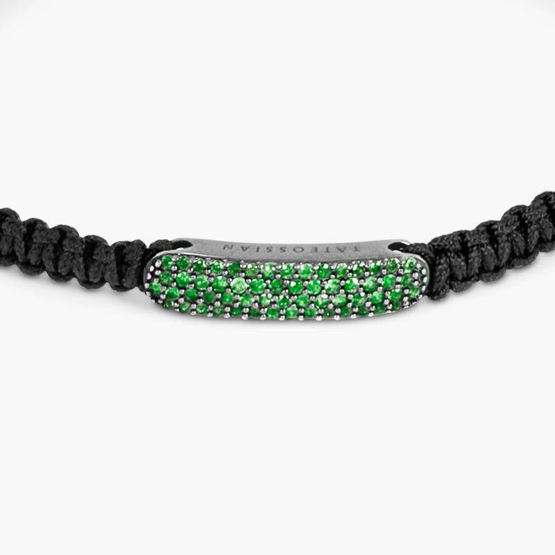Baton Bracelet with Emerald in Black Macramé & Rhodium Sterling Silver, Size L In New Condition For Sale In Fulham business exchange, London