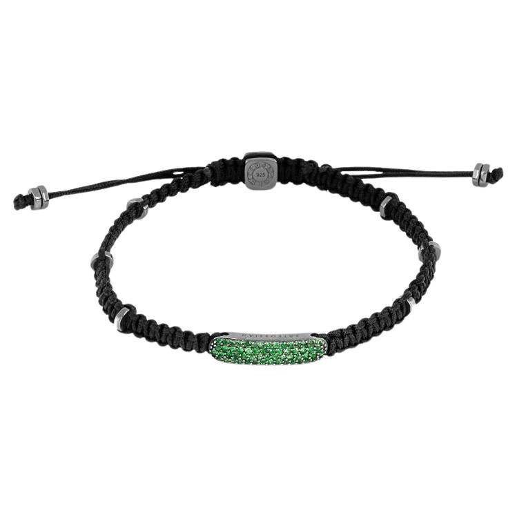 Baton Bracelet with Emerald in Black Macramé & Rhodium Sterling Silver, Size XS For Sale