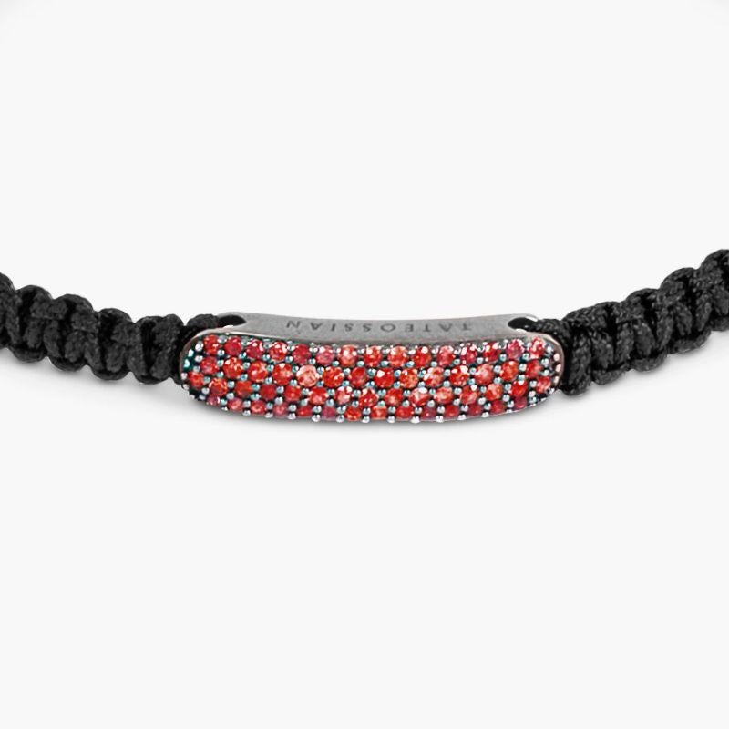 Baton Bracelet with Ruby in Black Macramé & Rhodium Sterling Silver, Size L In New Condition For Sale In Fulham business exchange, London