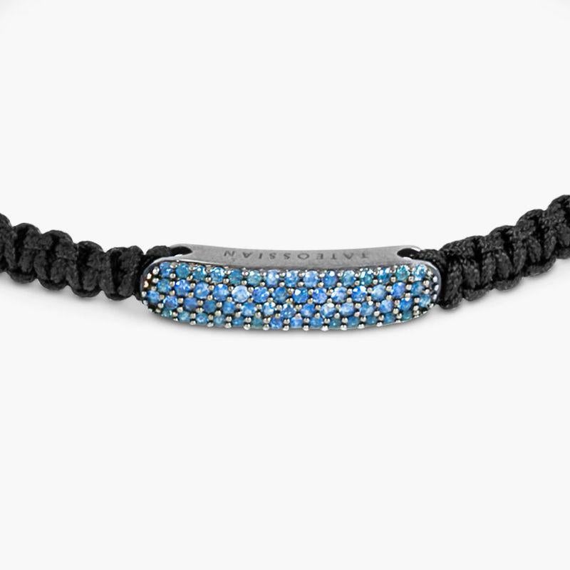 Baton Bracelet with Sapphire in Black Macramé & Rhodium Sterling Silver, Size L In New Condition In Fulham business exchange, London