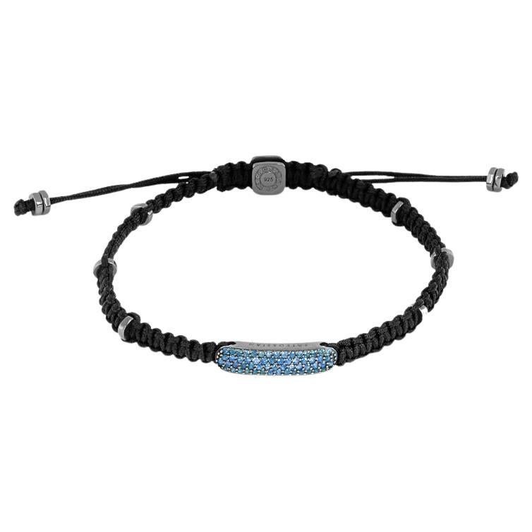 Baton Bracelet with Sapphire in Black Macramé & Rhodium Sterling Silver, Size M For Sale