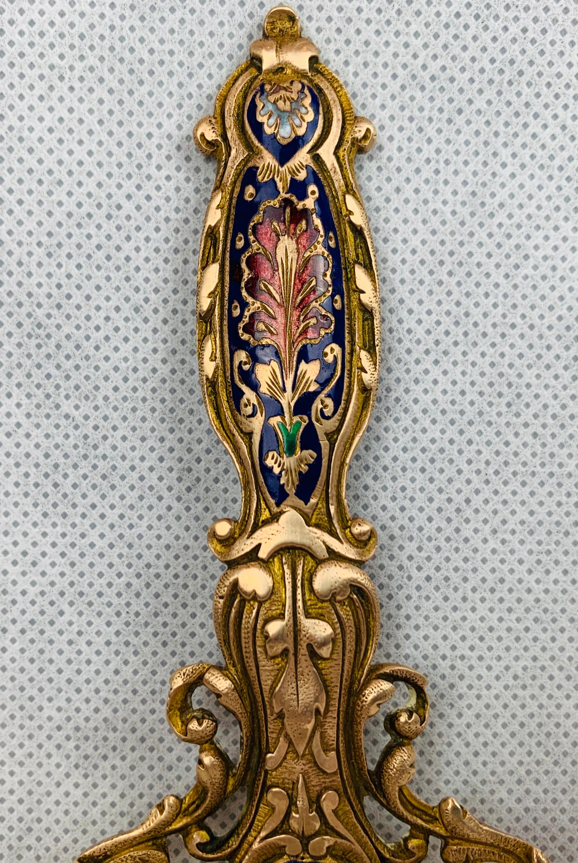 Belle Époque Chamber Stick or Bâton de Chambre, Gilt Bronze & Marble-Champlevé Enamel