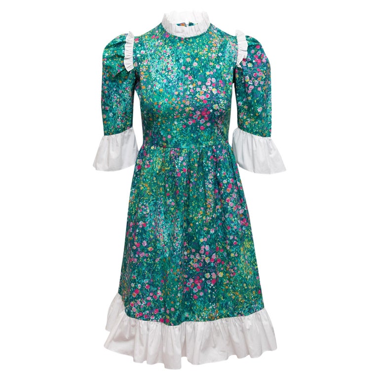 Batsheva Green and Multicolor Floral Print RuffleTrimmed Dress For