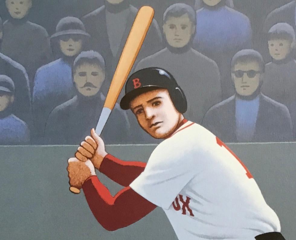 Batter Up At Fenway. Originalgemälde von Lynn Curlee
Acryl auf gestreckter Leinwand. Galerie eingewickelt mit bemalten Kanten.
Dieses Gemälde wurde als Illustration verwendet in 
Ballpark - Die Geschichte von Amerikas Baseballfeldern
Atheneum