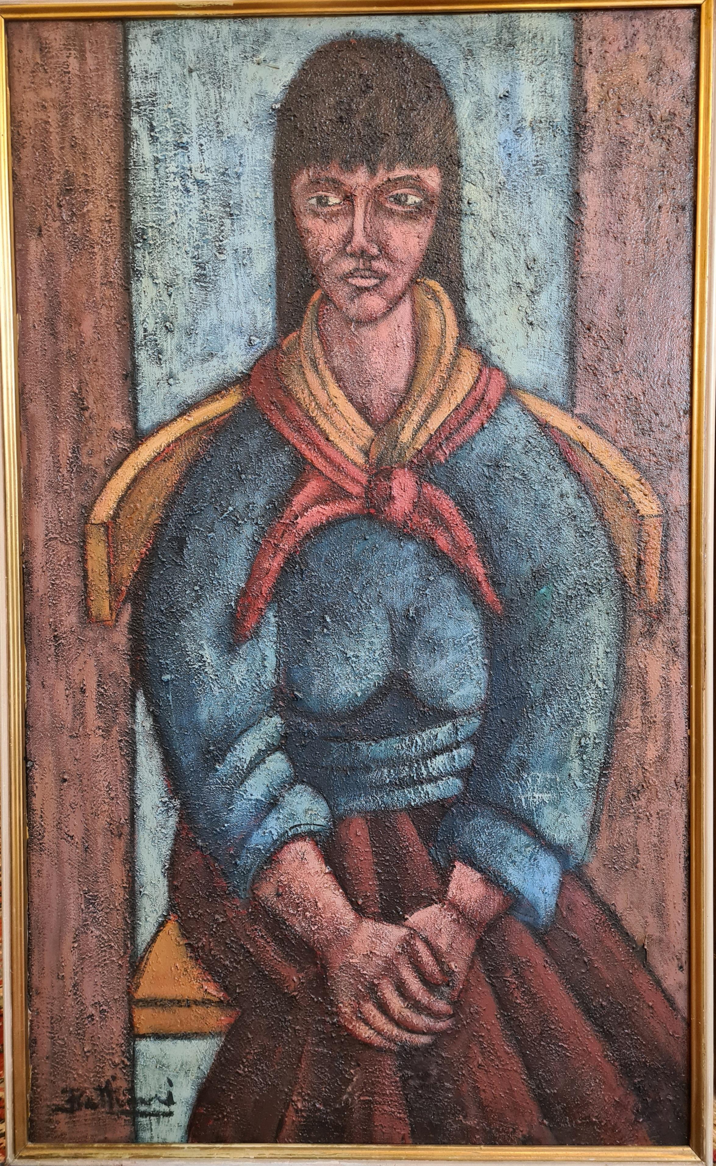 Femme assise dans une chaise Klismos. École italienne, Transavantgarde, huile sur toile.