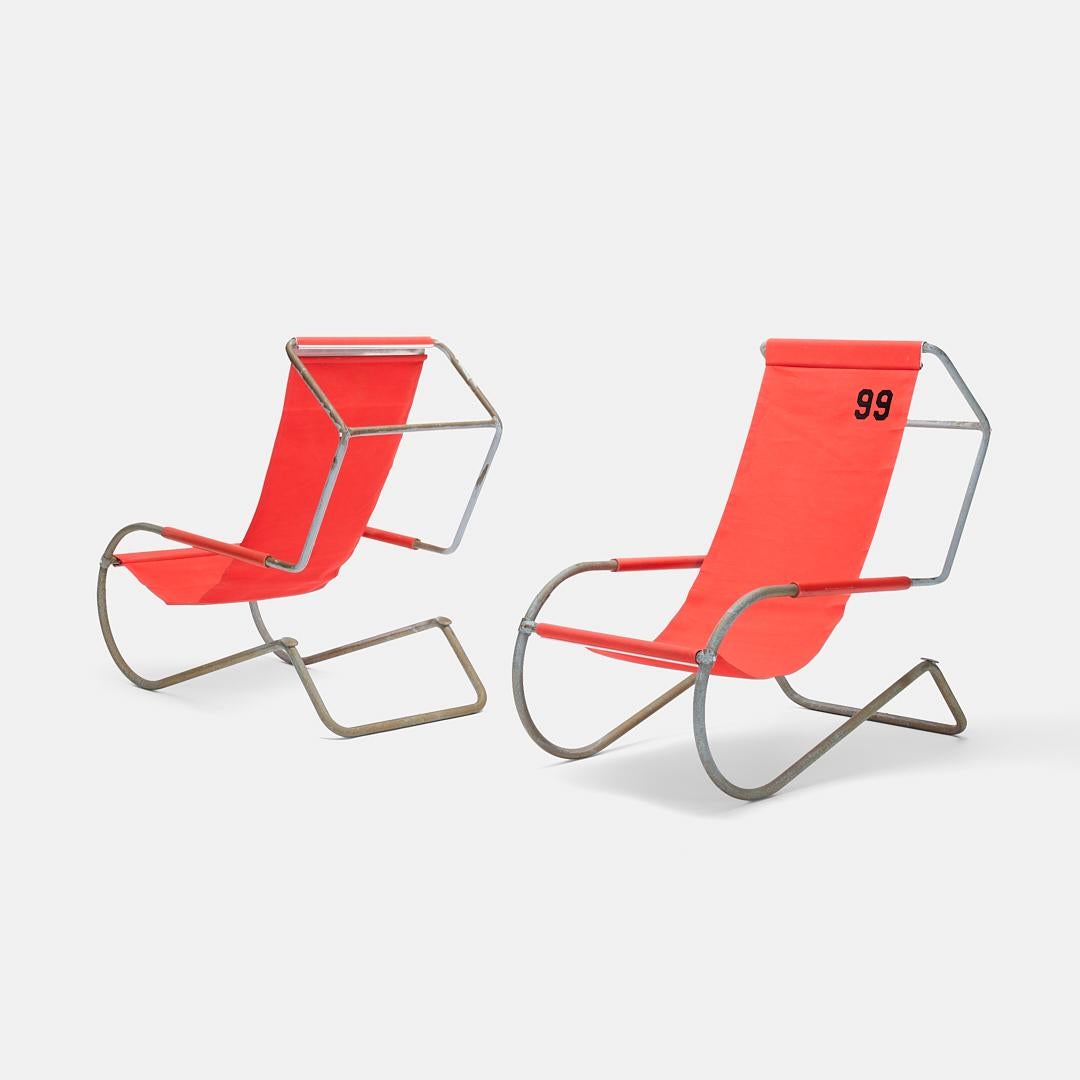 Designed by Giudici brothers Battista, Gino, & Fratteli for B.G. Giudici. These stackable and adjustable deck chairs were produced for the Lido of Locarno Swimming Club, Locarno, Switzerland, circa 1946. Offered is an early version of the famous