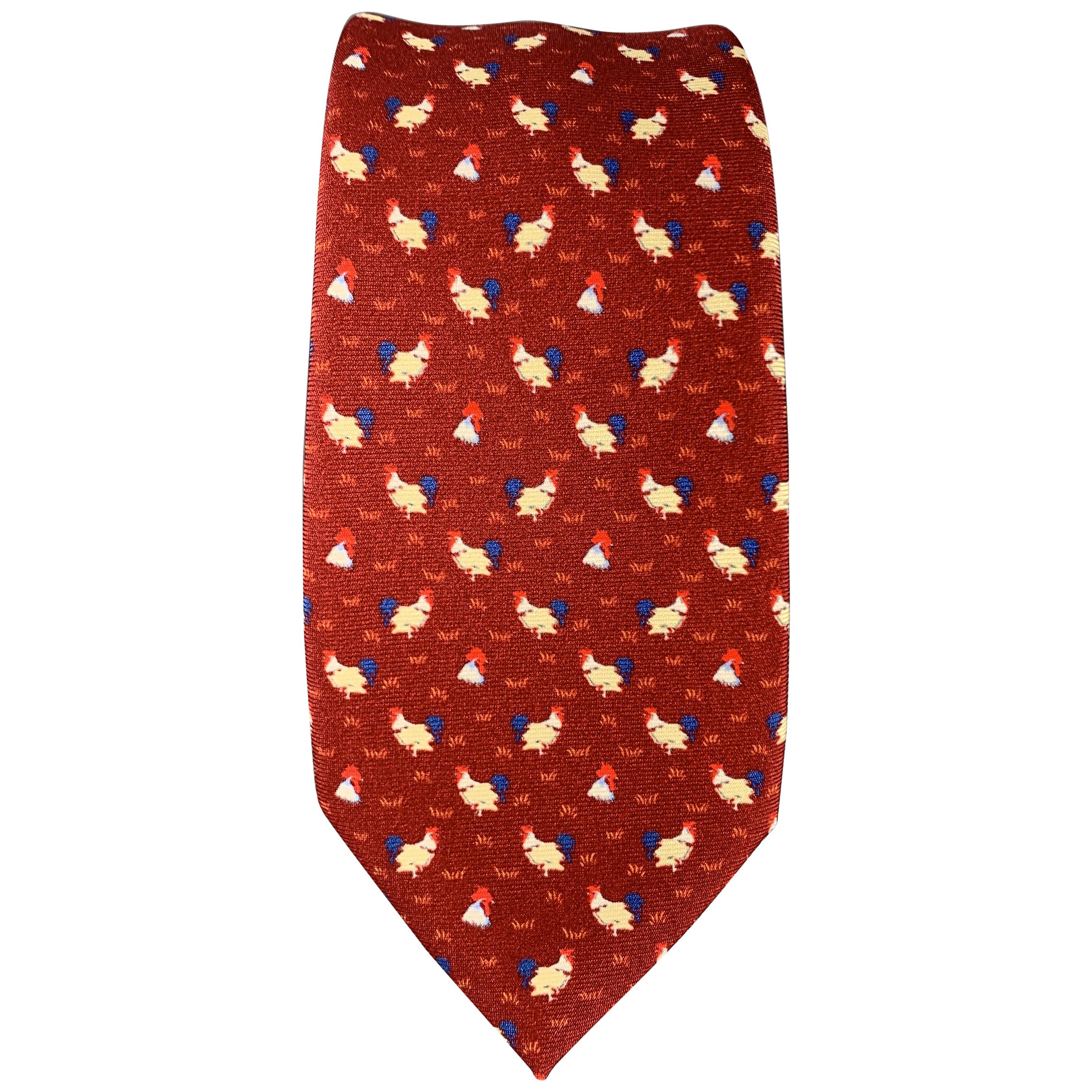 BATTISTONI Burgundy Silk Rooster Print Tie