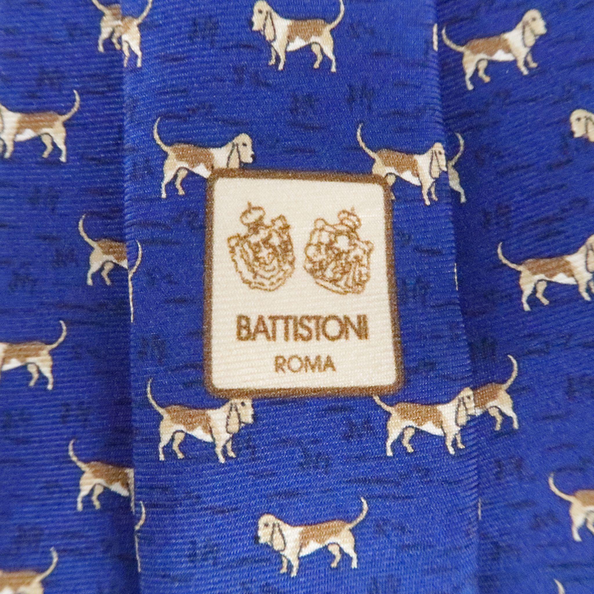 BATTISTONI Navy Silk Brown All Over Dog Print Tie In Excellent Condition In San Francisco, CA
