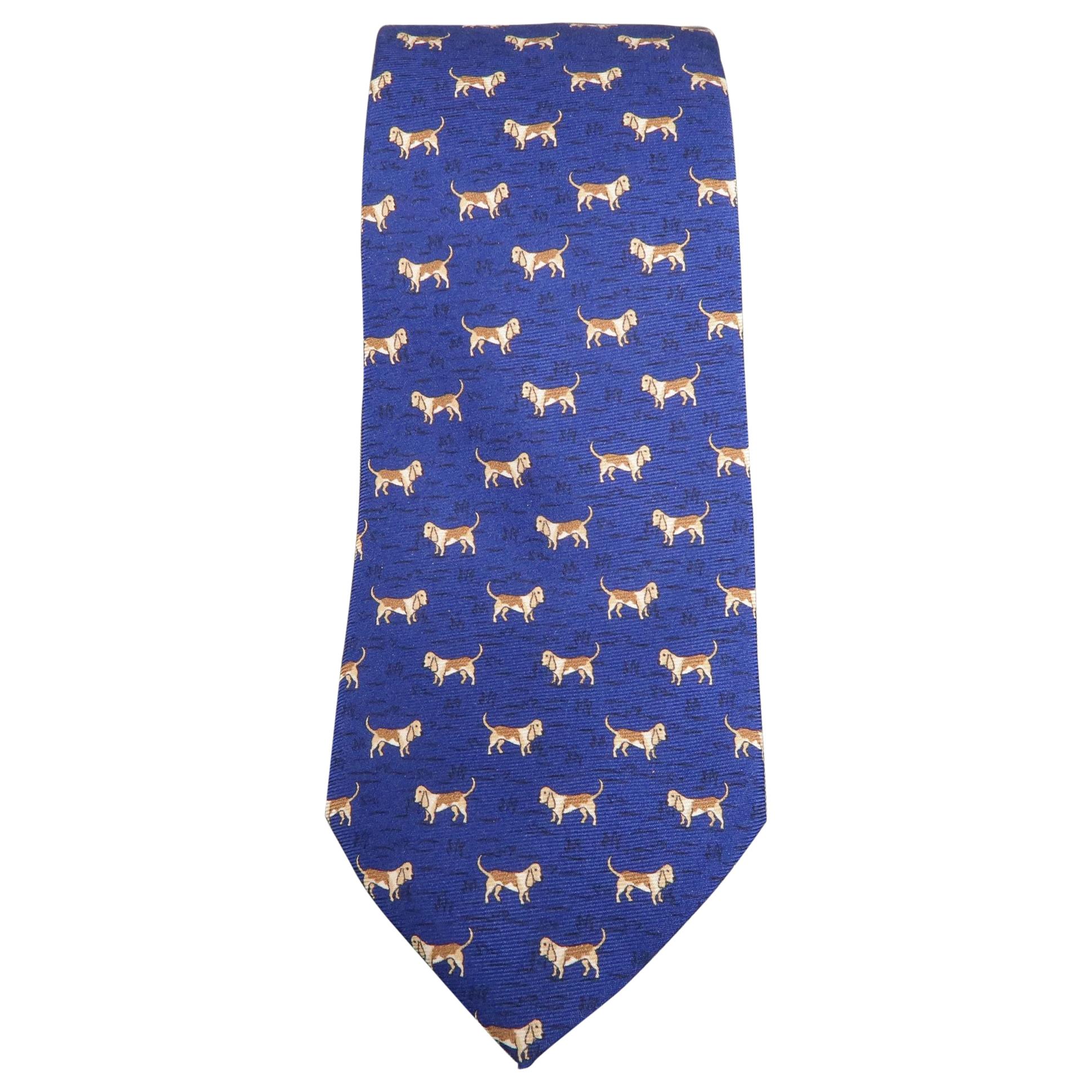 BATTISTONI Navy Silk Brown All Over Dog Print Tie