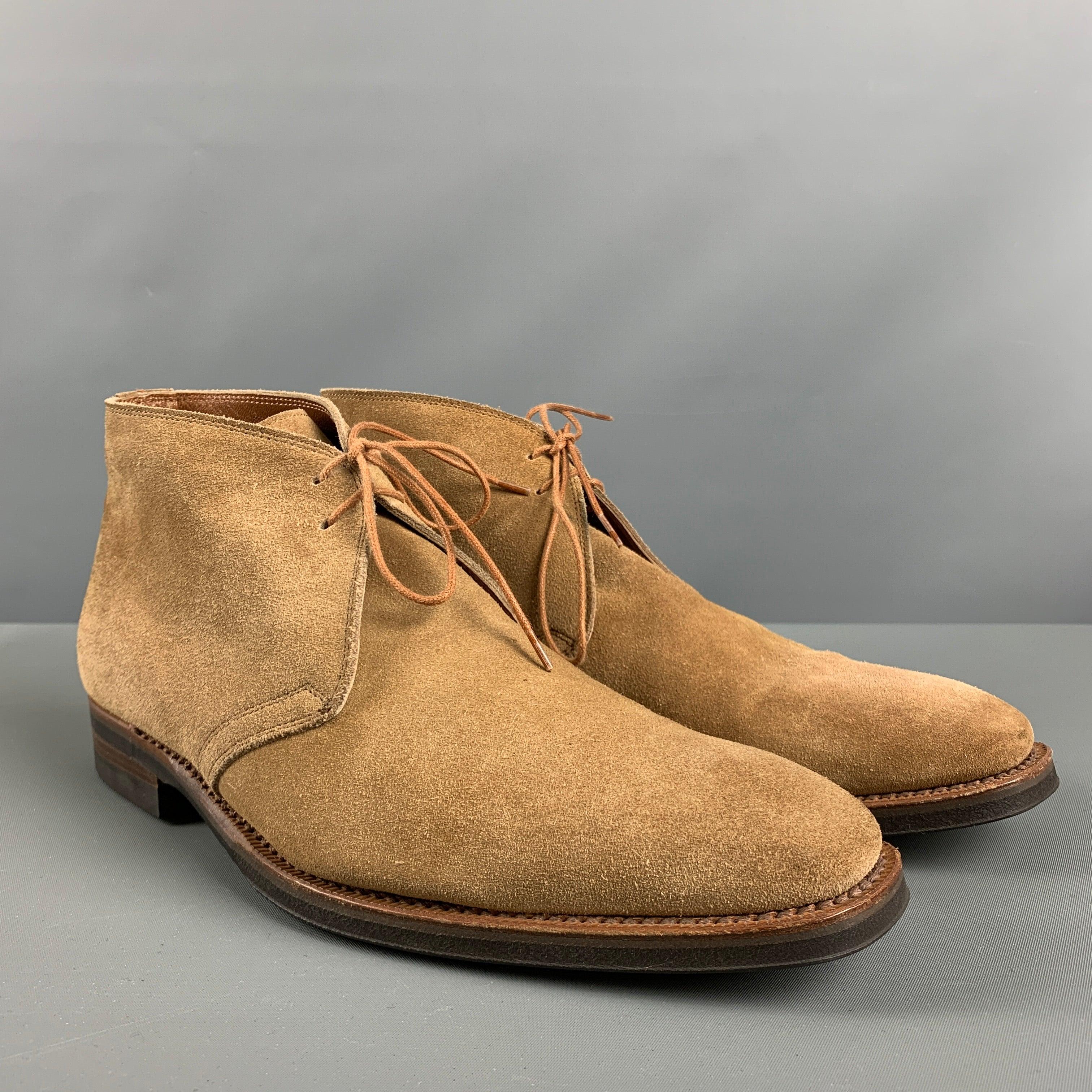 BATTISTONI boots comes in a camel suede featuring a chukka style, round toe, and a lace up closure. Good Pre-Owned Condition. As Is. 

Marked:   391 2 7 

Measurements: 
  Length: 11.25 inches Width: 4 inches Height: 5.5 inches 
 
 
  
  

