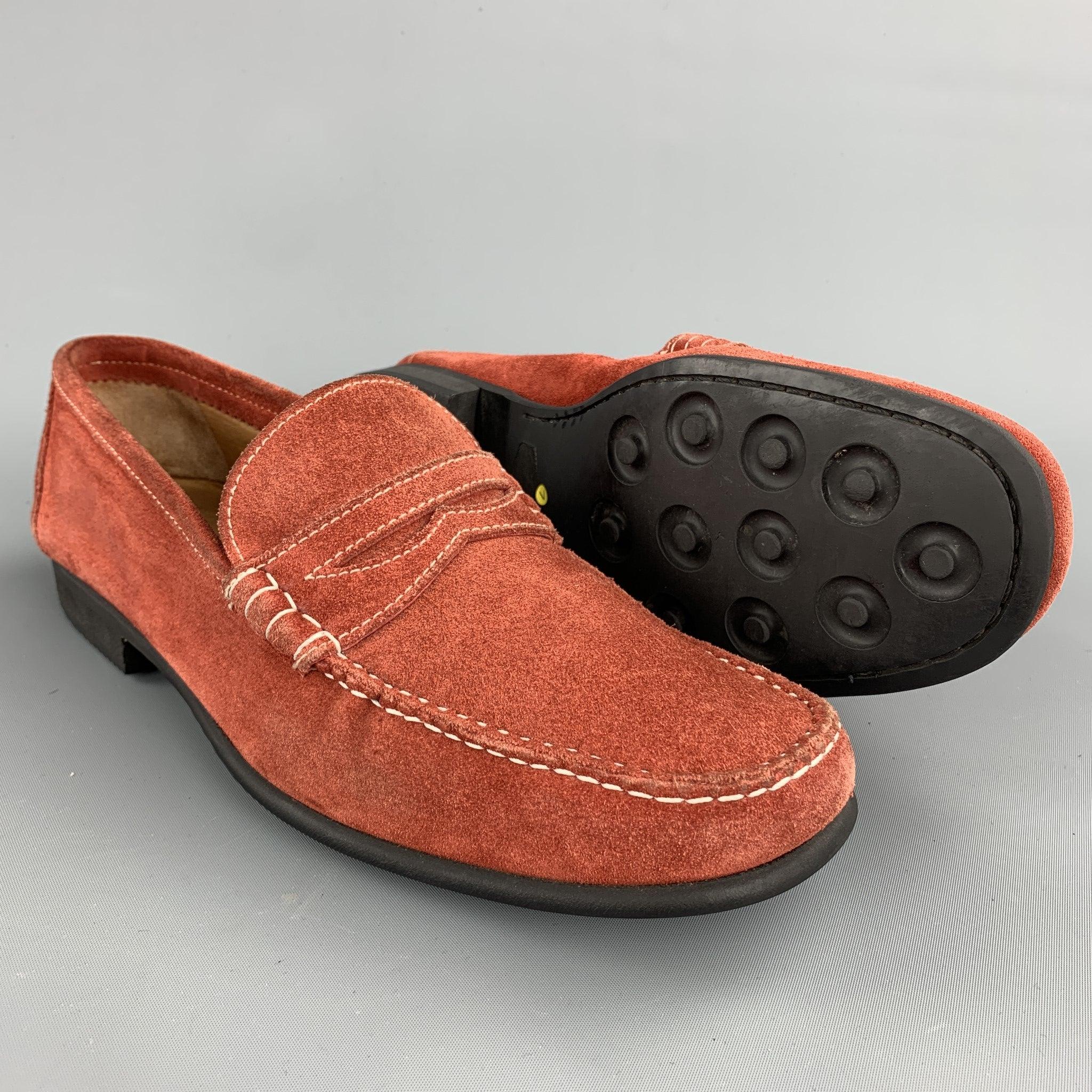 BATTISTONI Size 7.5 Brick Contrast Stitch Suede Slip On Penny Loafers In Good Condition For Sale In San Francisco, CA