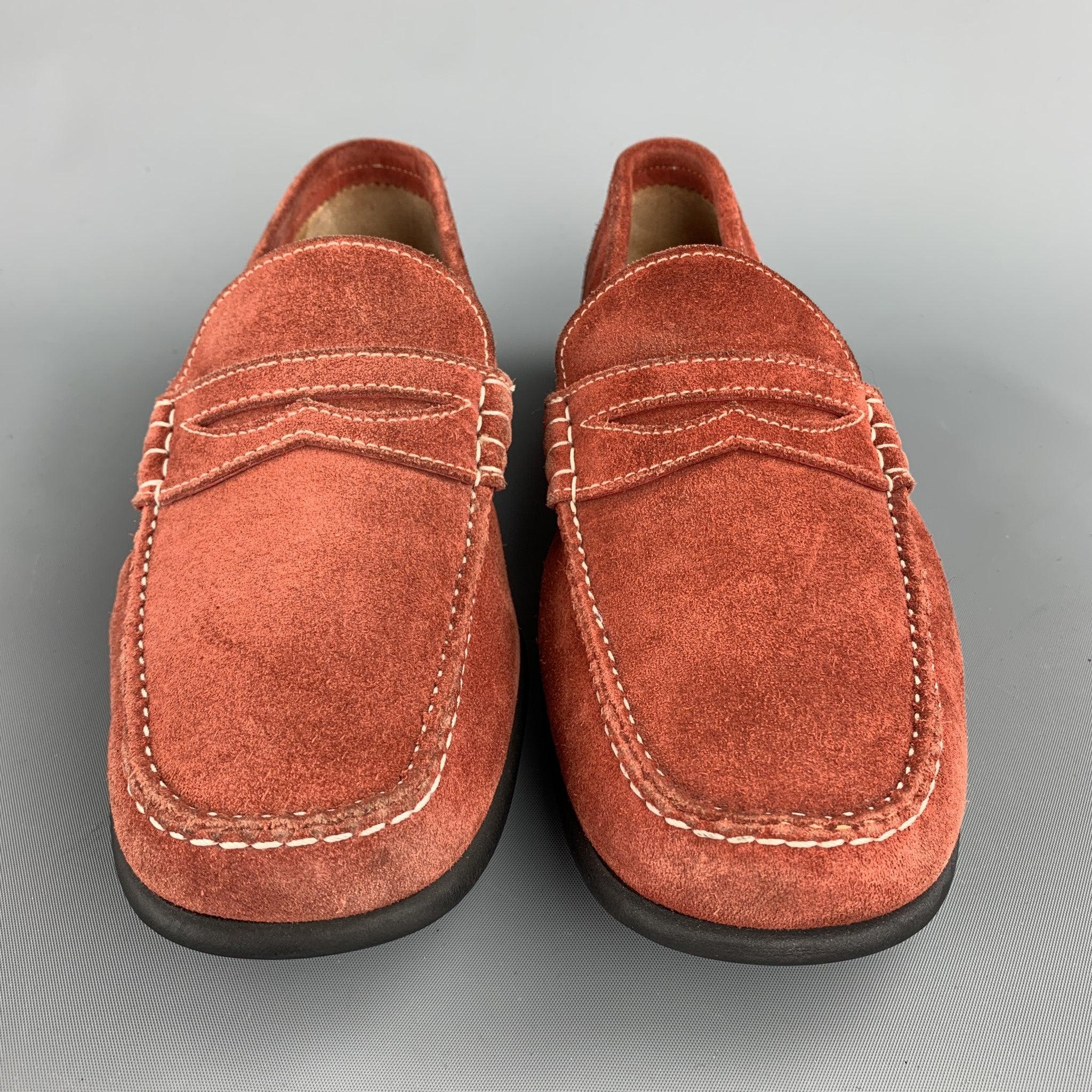 Men's BATTISTONI Size 7.5 Brick Contrast Stitch Suede Slip On Penny Loafers For Sale