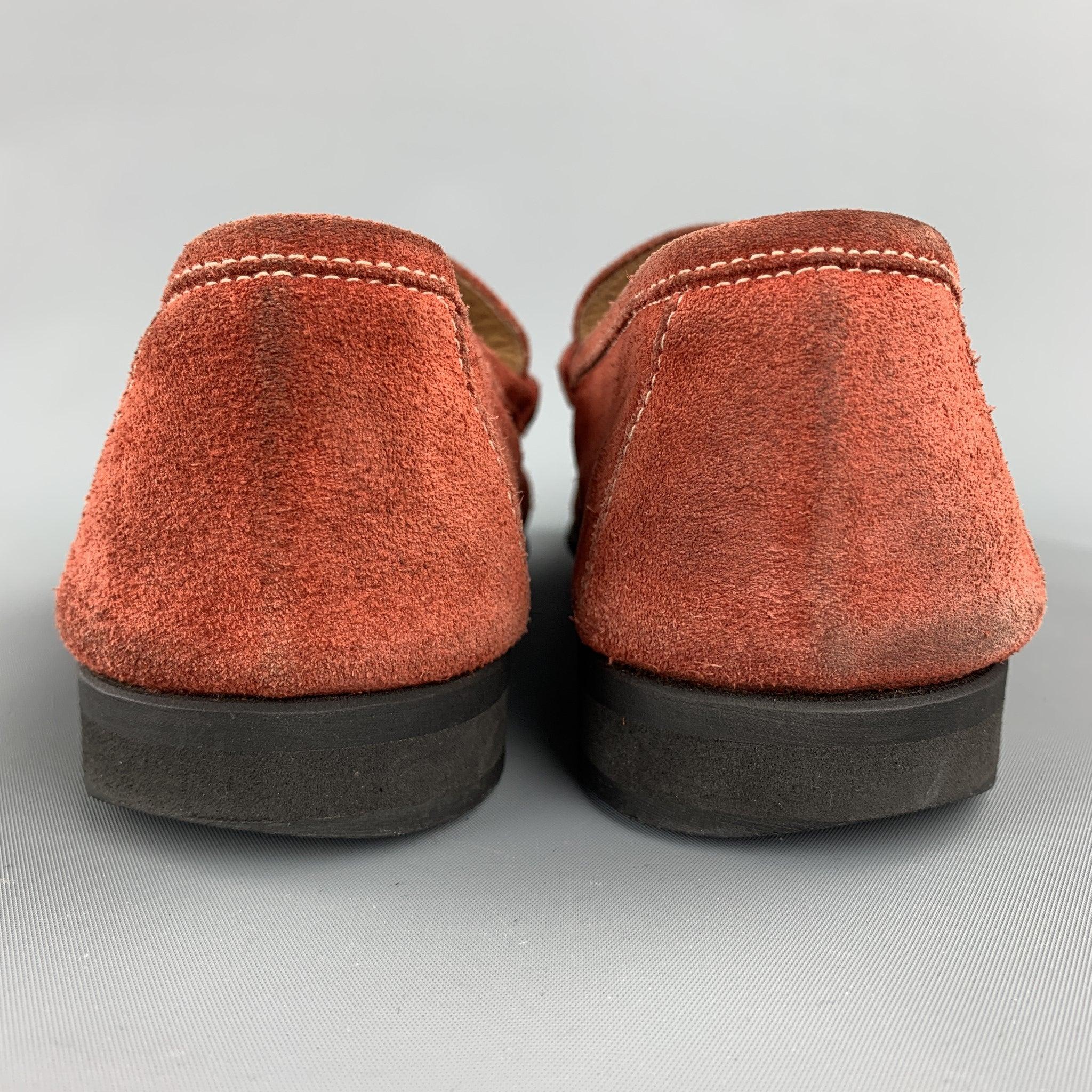 BATTISTONI Size 7.5 Brick Contrast Stitch Suede Slip On Penny Loafers For Sale 1