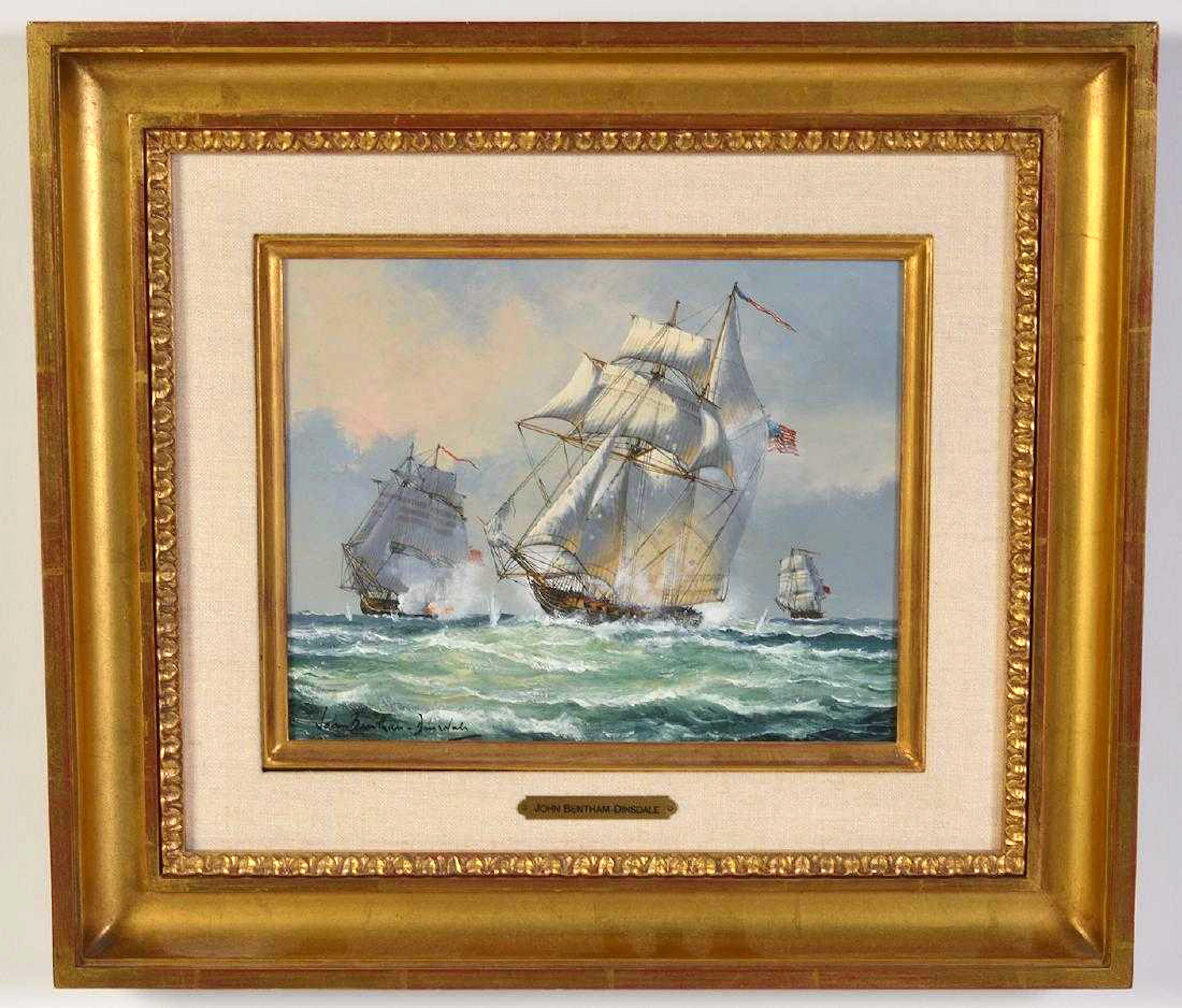 Signed lower left, oil on canvas.

(Born in Yorkshire, England in 1927; died in 2008).

Dinsdale painted the sea and great ships of the era when “Britannia ruled the waves” with her fleets of clipper and fighting ships whose huge white sails