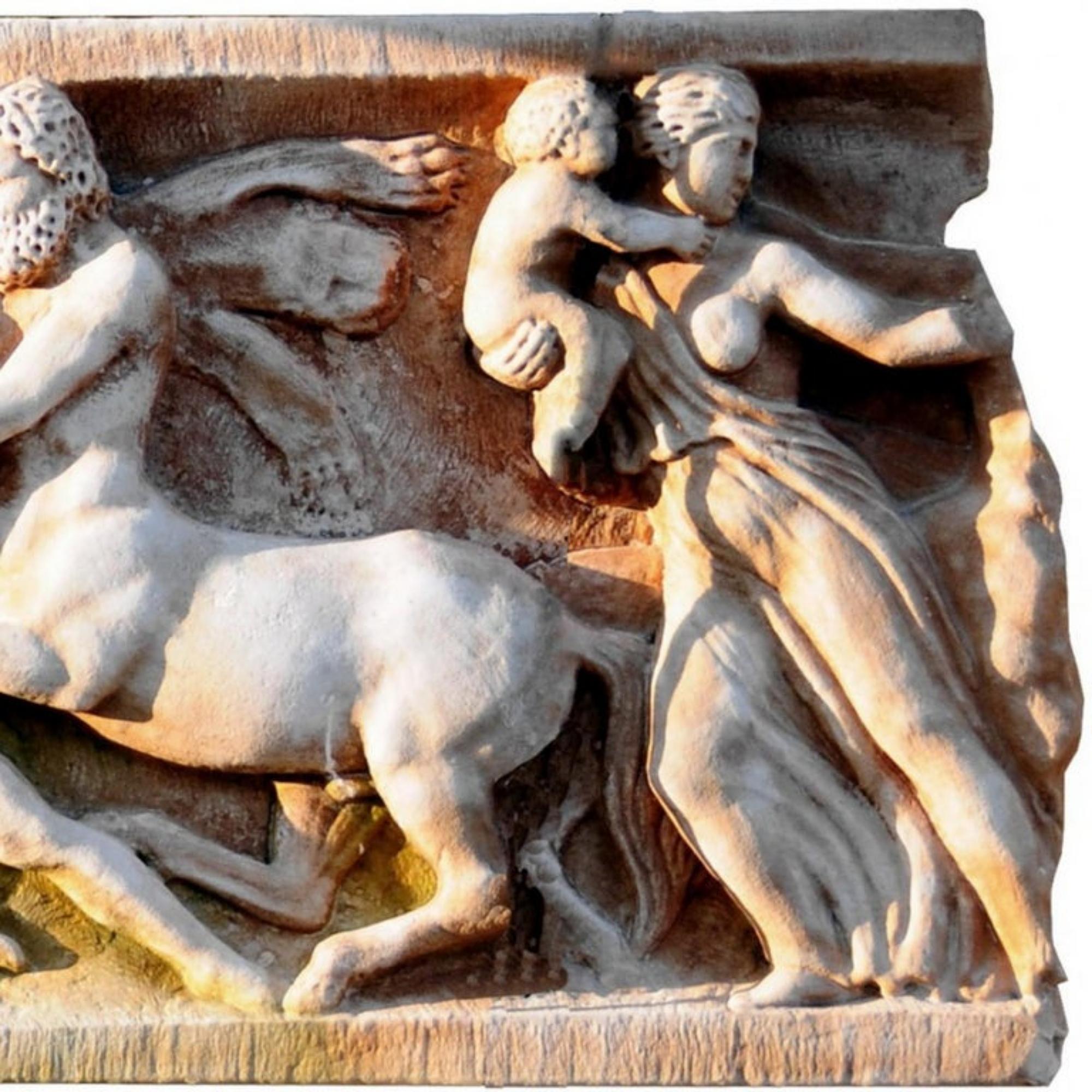 Battle between Centaurs and Lapites high relief in Carrara white marble
Late 19th century

Measures: Height 40 cm
Width 142 cm
Thickness 5 cm
Weight 75 kg
Material white Carrara marble
Very good condition.