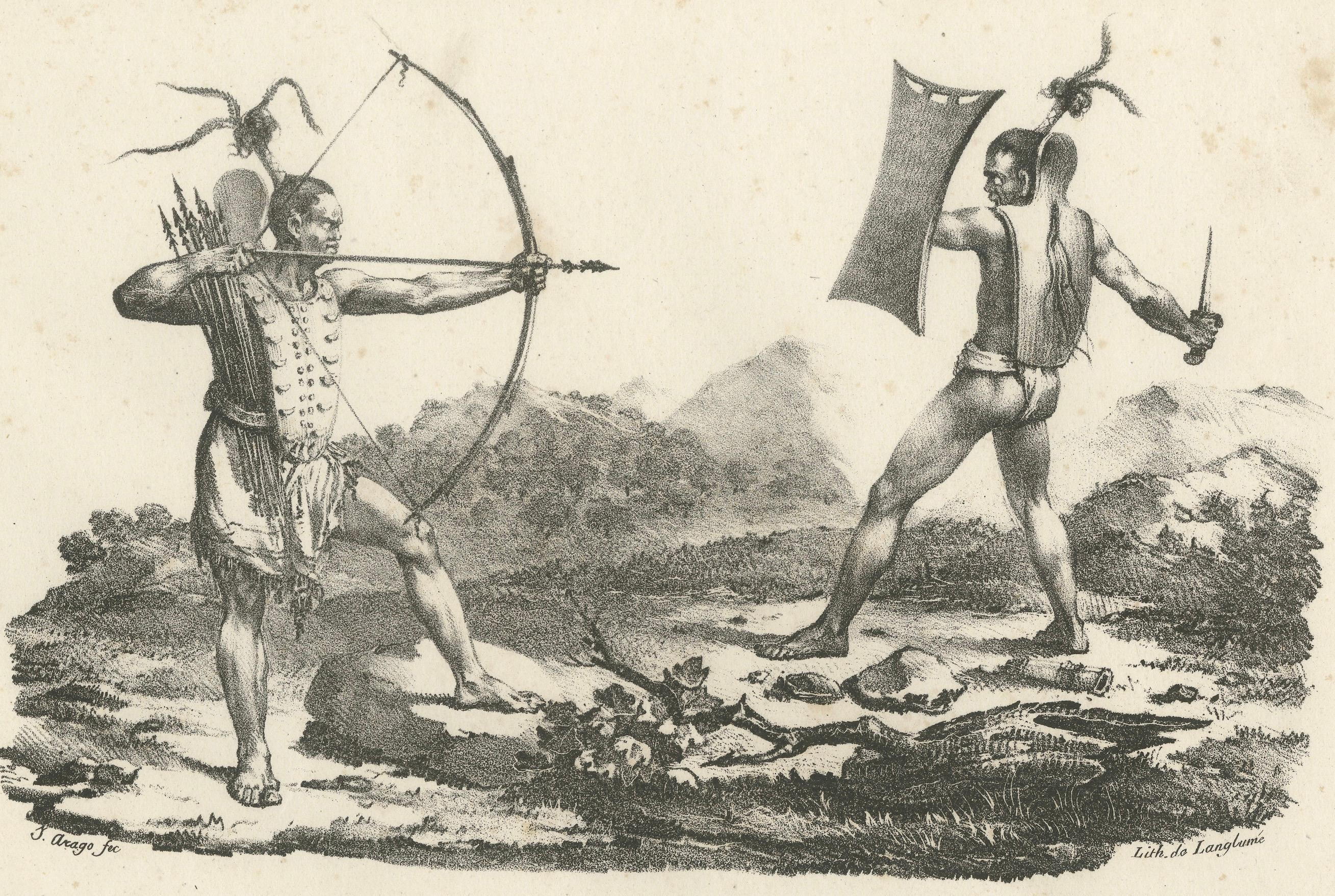 Battle in Owhyhee (Hawaii) - Combat of Two Anthropophages, Kupferstich aus dem Jahr 1785 (Papier) im Angebot