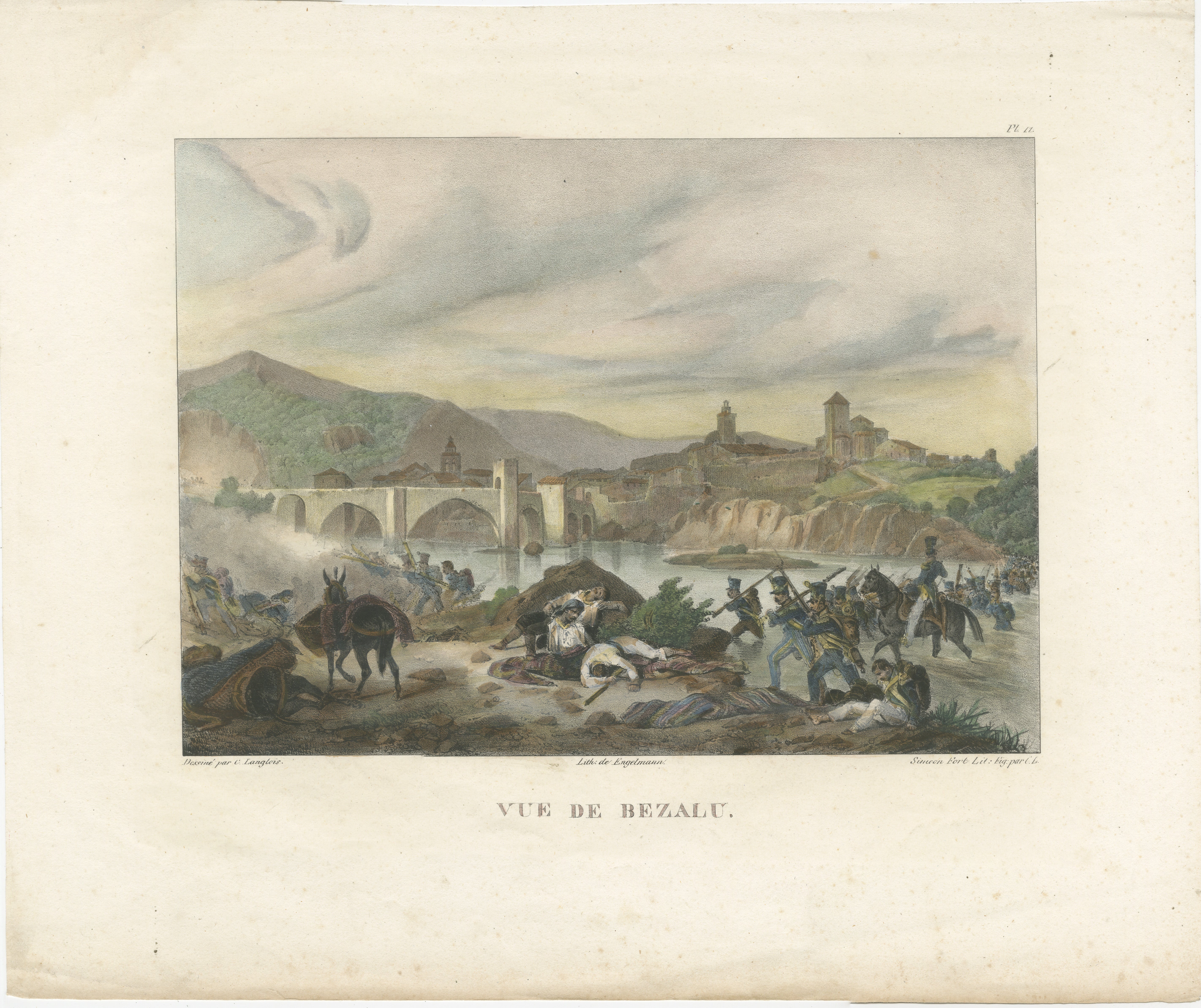 This 19th-century lithograph, created by Godefroy Engelmann after a work by Langlois, vividly depicts French troops attacking the historic town of Besalú in Girona, Spain, during the Napoleonic Wars in 1808. 

The scene captures the dramatic