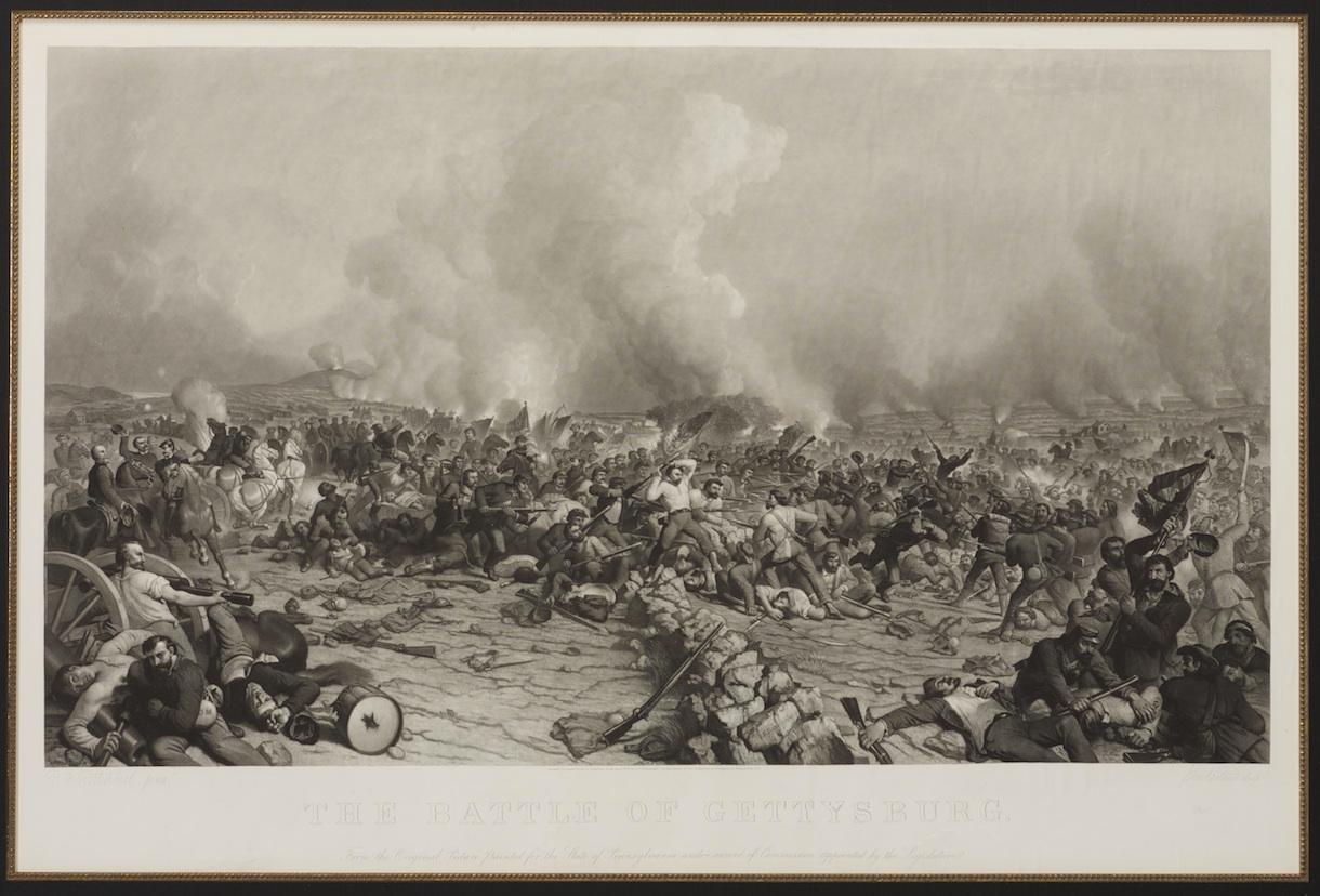 This is a significant 1872 engraving of the Battle of Gettysburg, by Peter F. Rothermel. Rothermel was commissioned by the state of Pennsylvania in 1866 to make a painting of the battle, and this print, engraved several years later, is after that