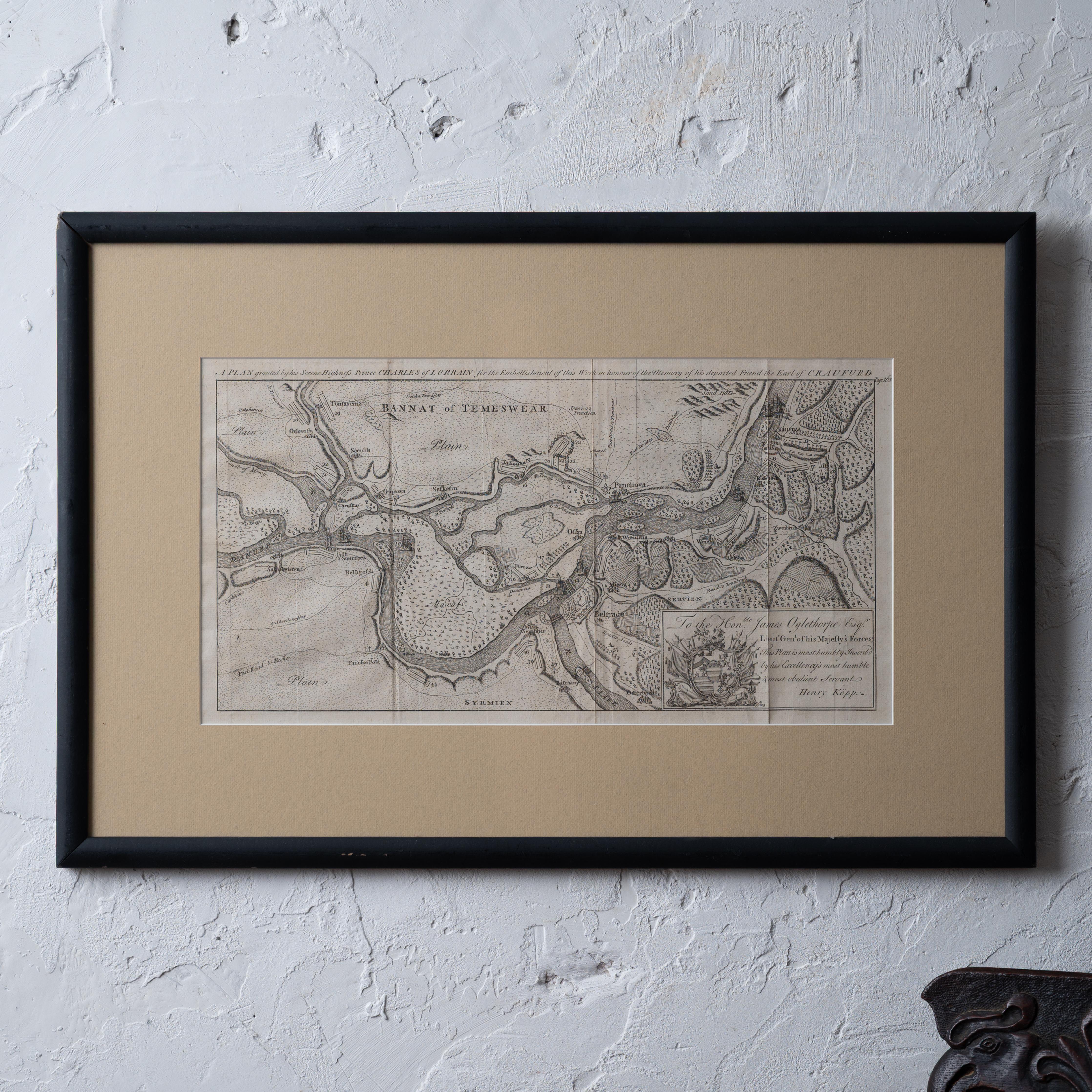 A campaign map of the Battle of Grocka, 1753.



Drawn and engraved by Henry Köpp for the journals of John Lindsay, 20th Earl of Crawford and dedicated to James Oglethorpe.



sight: 17 by 9 inches

frame: 24 by 16 ¼ inches



