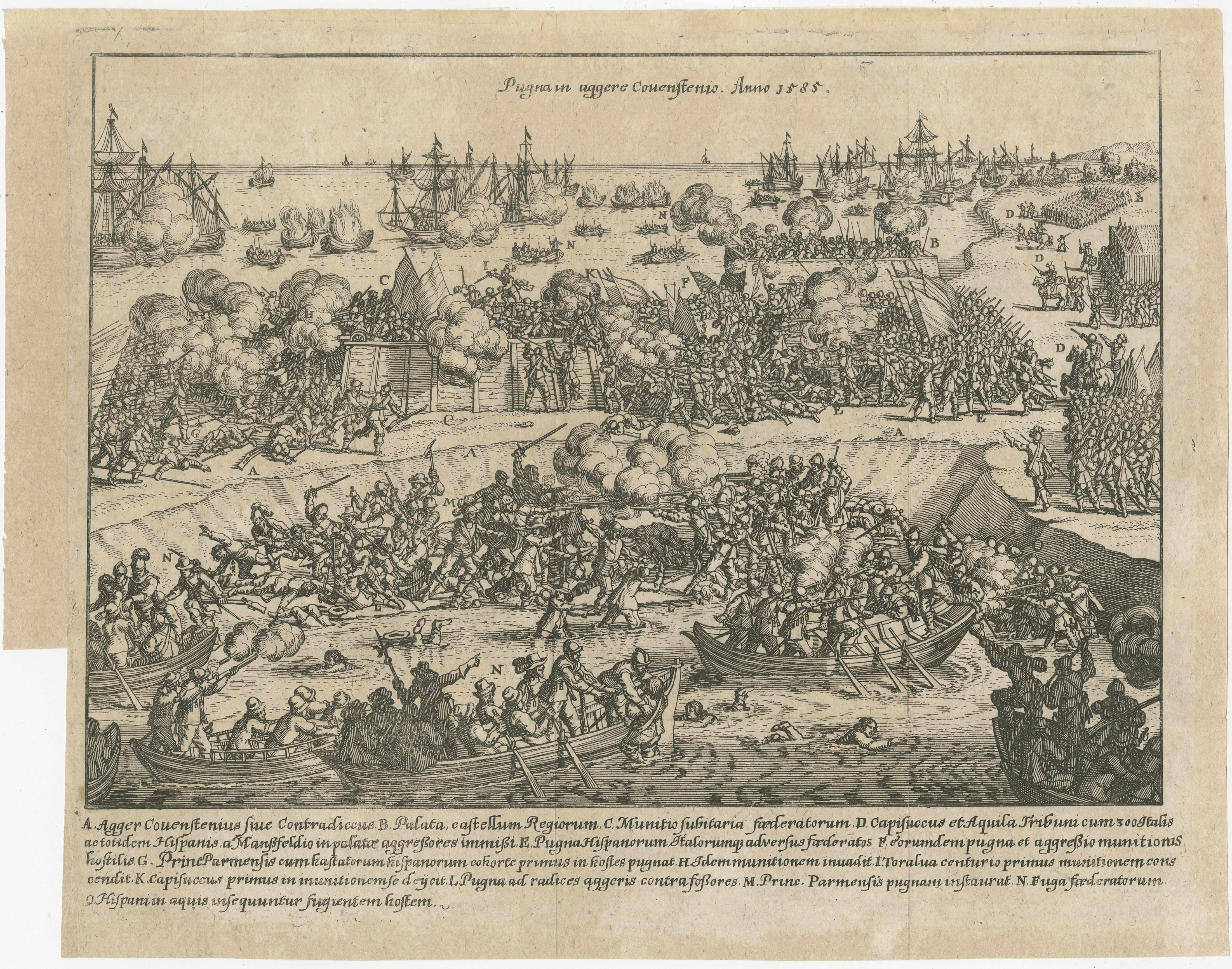 The 'Battle for the Kauwenstein Dijk', engraved and titled Pugna in Aggerere Covenstio Anno 1585, depicts a significant battle during the Siege of Antwerp on 26 May 1585. 

The engraving illustrates the fierce combat around the Kauwenstein
