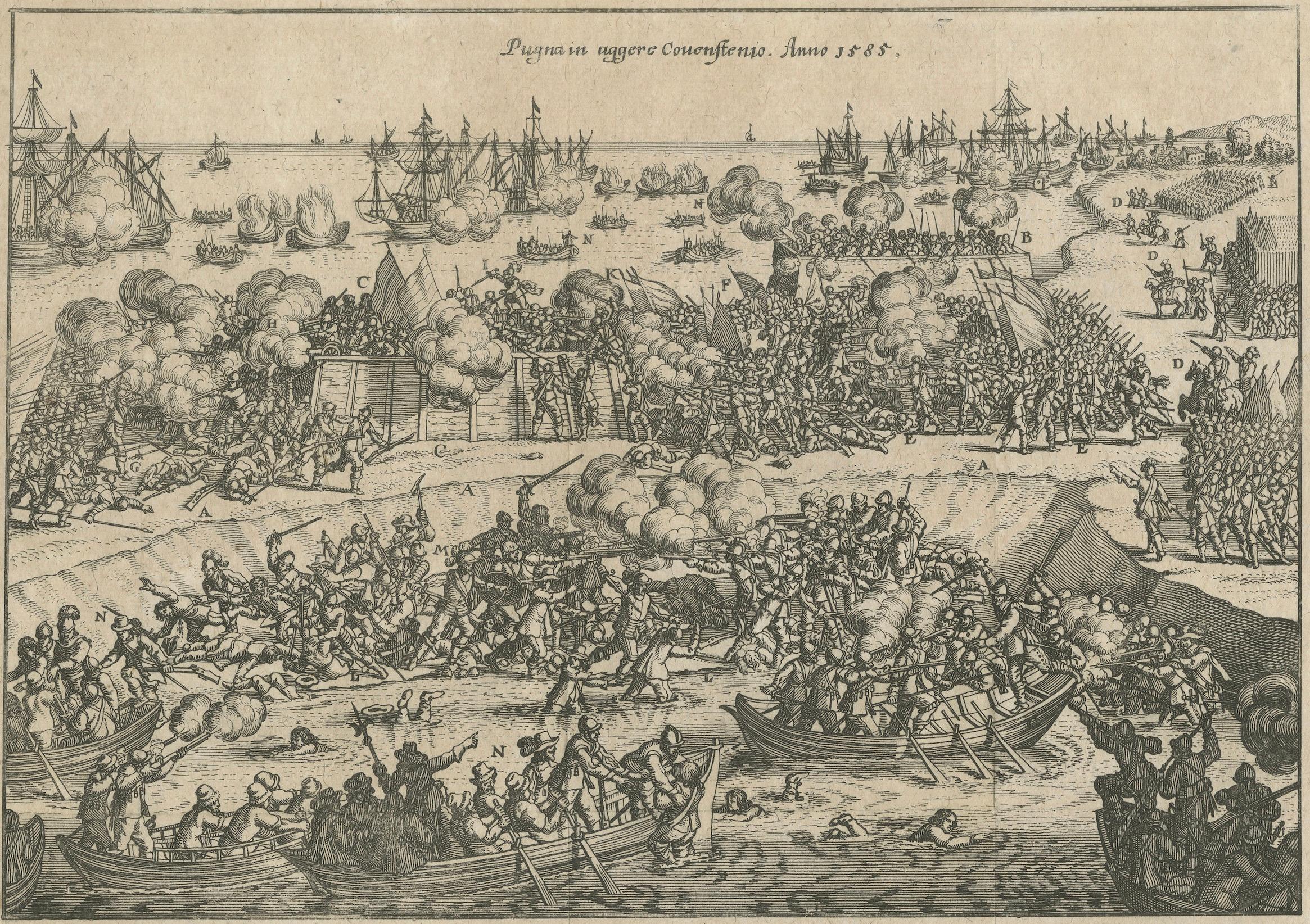 Engraved Battle of Kauwenstein Dijk, 1585: Siege of Antwerp Engraving with Latin Legend For Sale