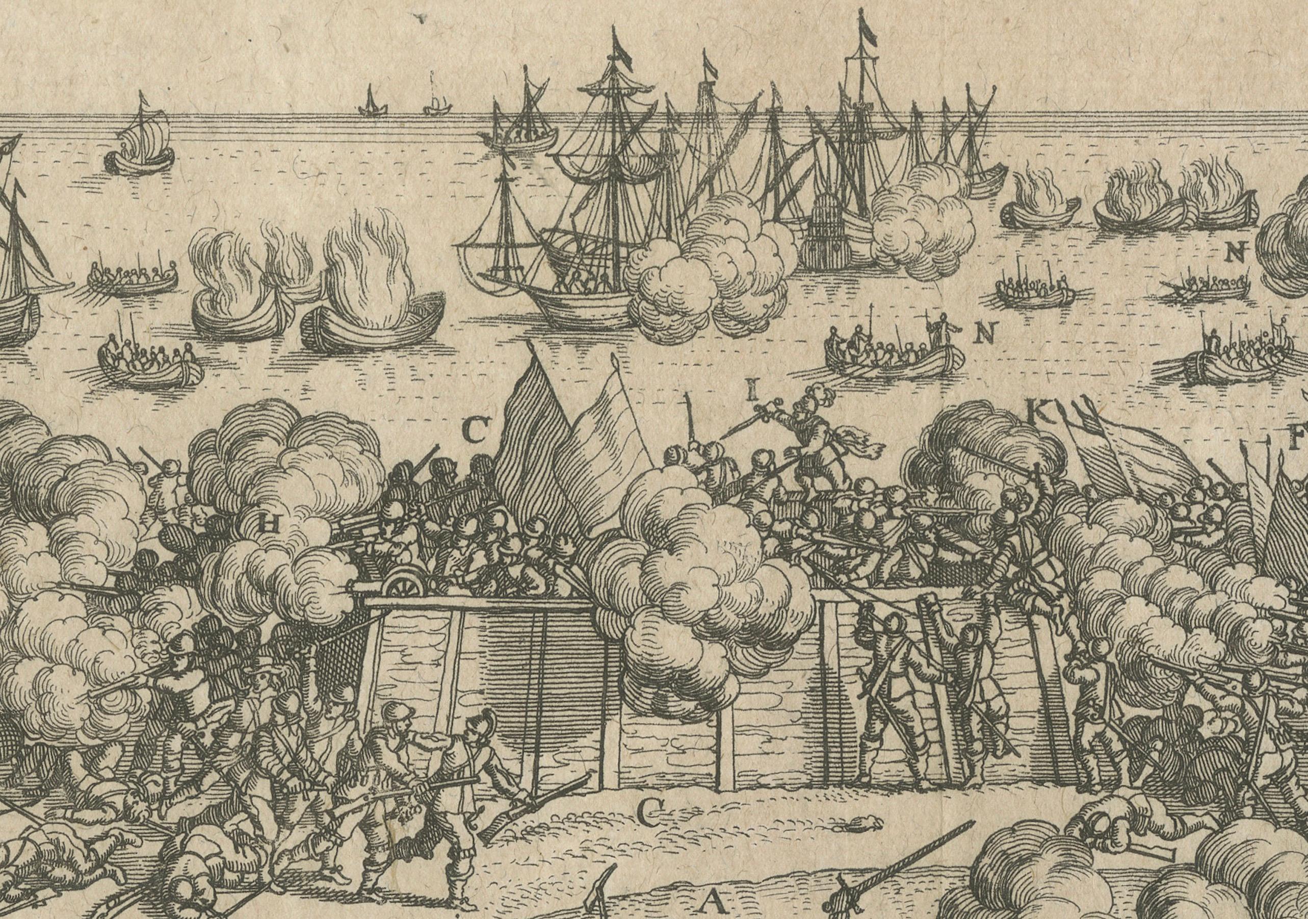 Battle of Kauwenstein Dijk, 1585: Siege of Antwerp Engraving with Latin Legend In Good Condition For Sale In Langweer, NL