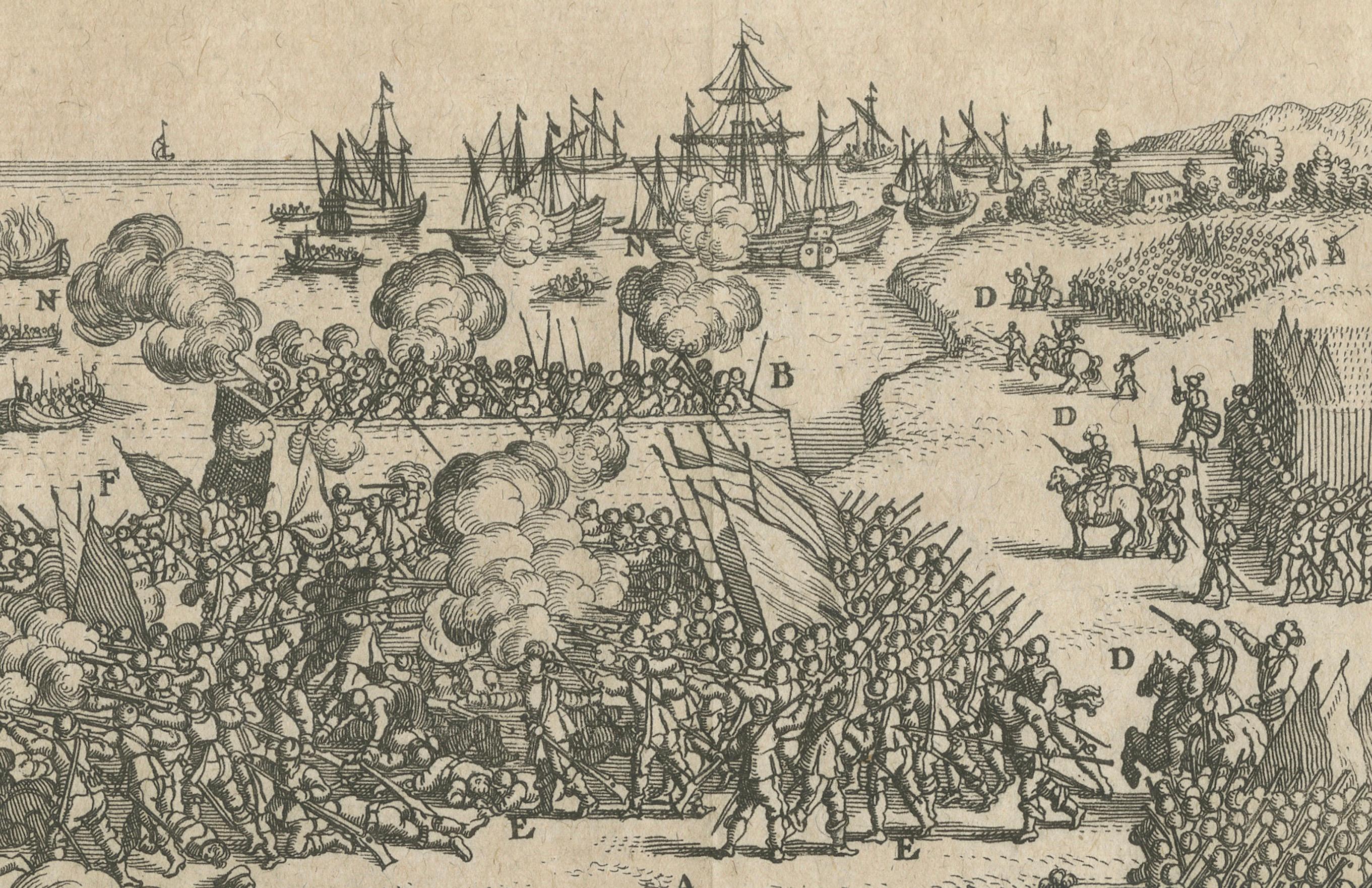 18th Century and Earlier Battle of Kauwenstein Dijk, 1585: Siege of Antwerp Engraving with Latin Legend For Sale