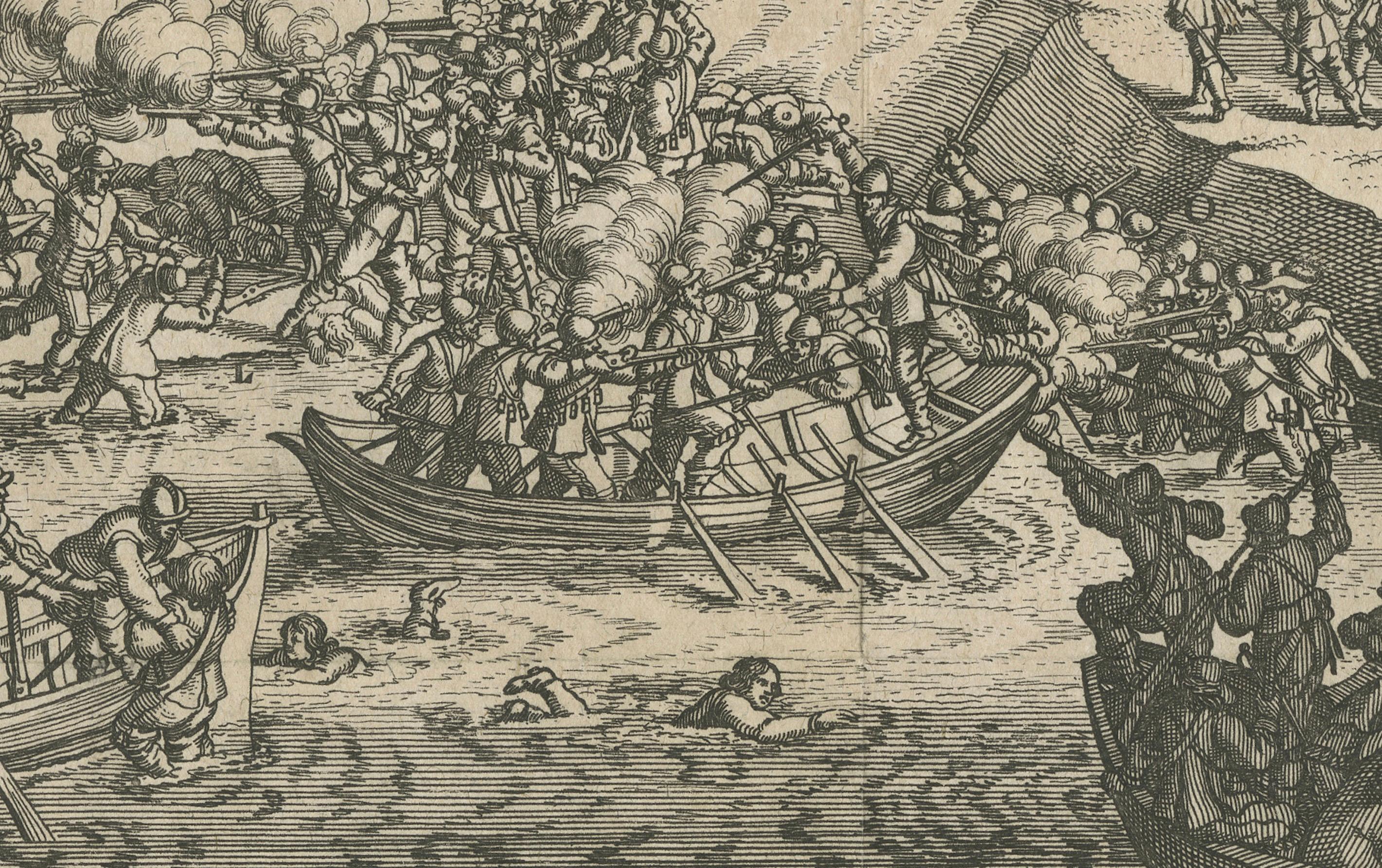Paper Battle of Kauwenstein Dijk, 1585: Siege of Antwerp Engraving with Latin Legend For Sale