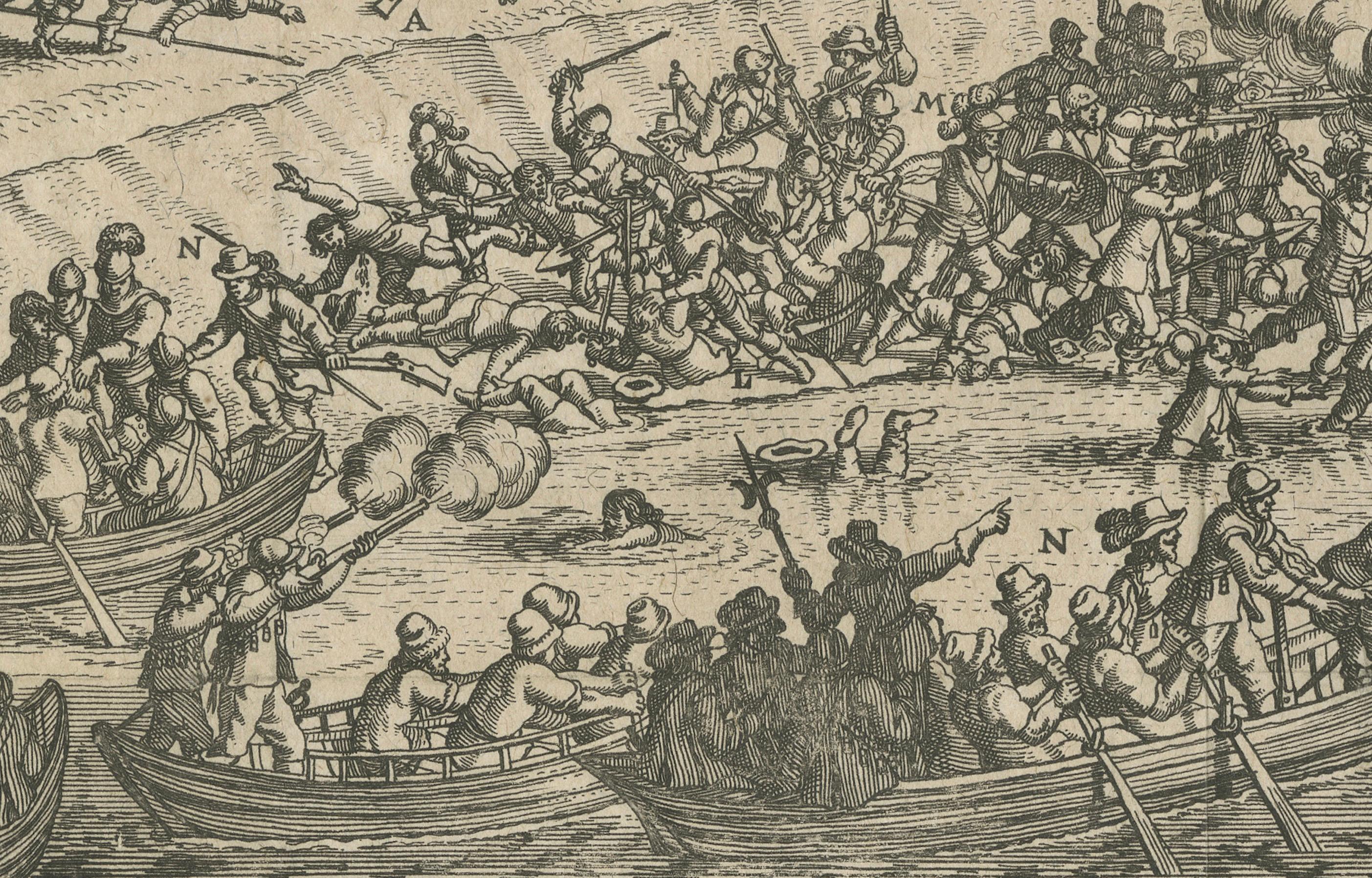 Battle of Kauwenstein Dijk, 1585: Siege of Antwerp Engraving with Latin Legend For Sale 1