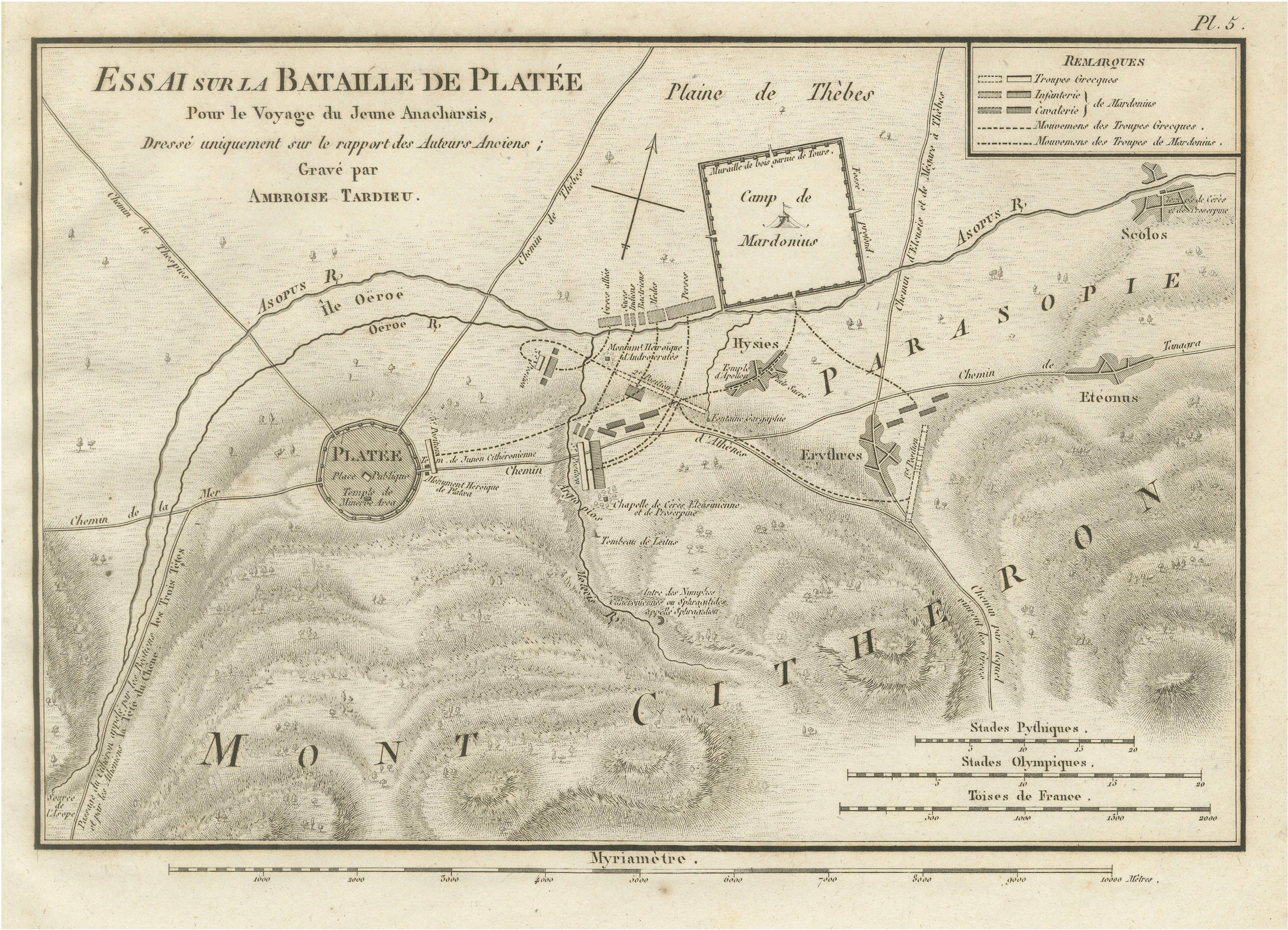 Battle of Plataea Ancient Greece Military Map by Ambroise Tardieu, 1825